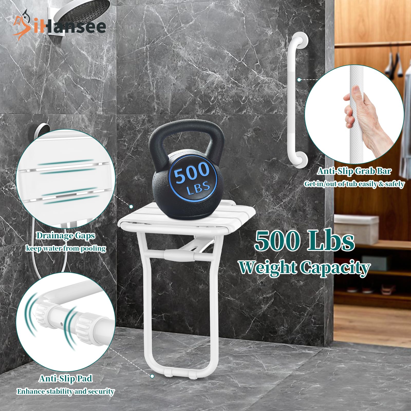 Asiento de ducha plegable montado en la pared de 14 x 16 pulgadas con barra de agarre de 14 pulgadas, banco de ducha estrecho de acero inoxidable para ancianos y discapacitados, silla de ducha