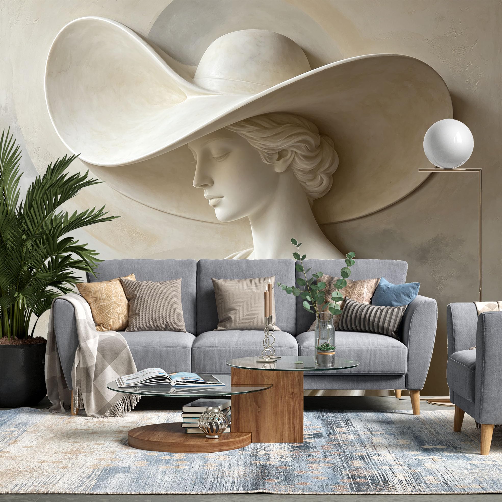 Carta da Parati Murale Fotografico 3D Effetto Marmo in Tessuto Non Tessuto 371 x 280 cm con Scultura di Donna con Cappello Ideale per Soggiorno Camera Letto Corridoio e Pareti Decorative.