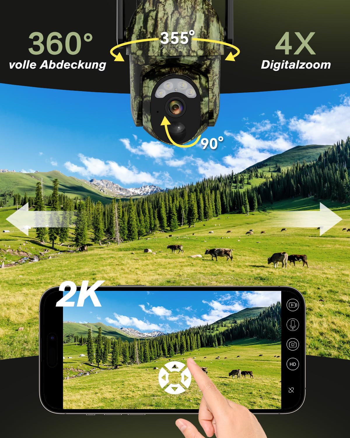 Xega 4G LTE Ohne WLAN Wildkamera Solar 2K PTZ Wildtierkamera mit SIM-Karte | Überwachungskamera Aussen Akku mit Farbnachtsicht, Live-Streaming Kein WLAN, PIR Erkennung, IP65 Wasserdicht, Cloud/TF