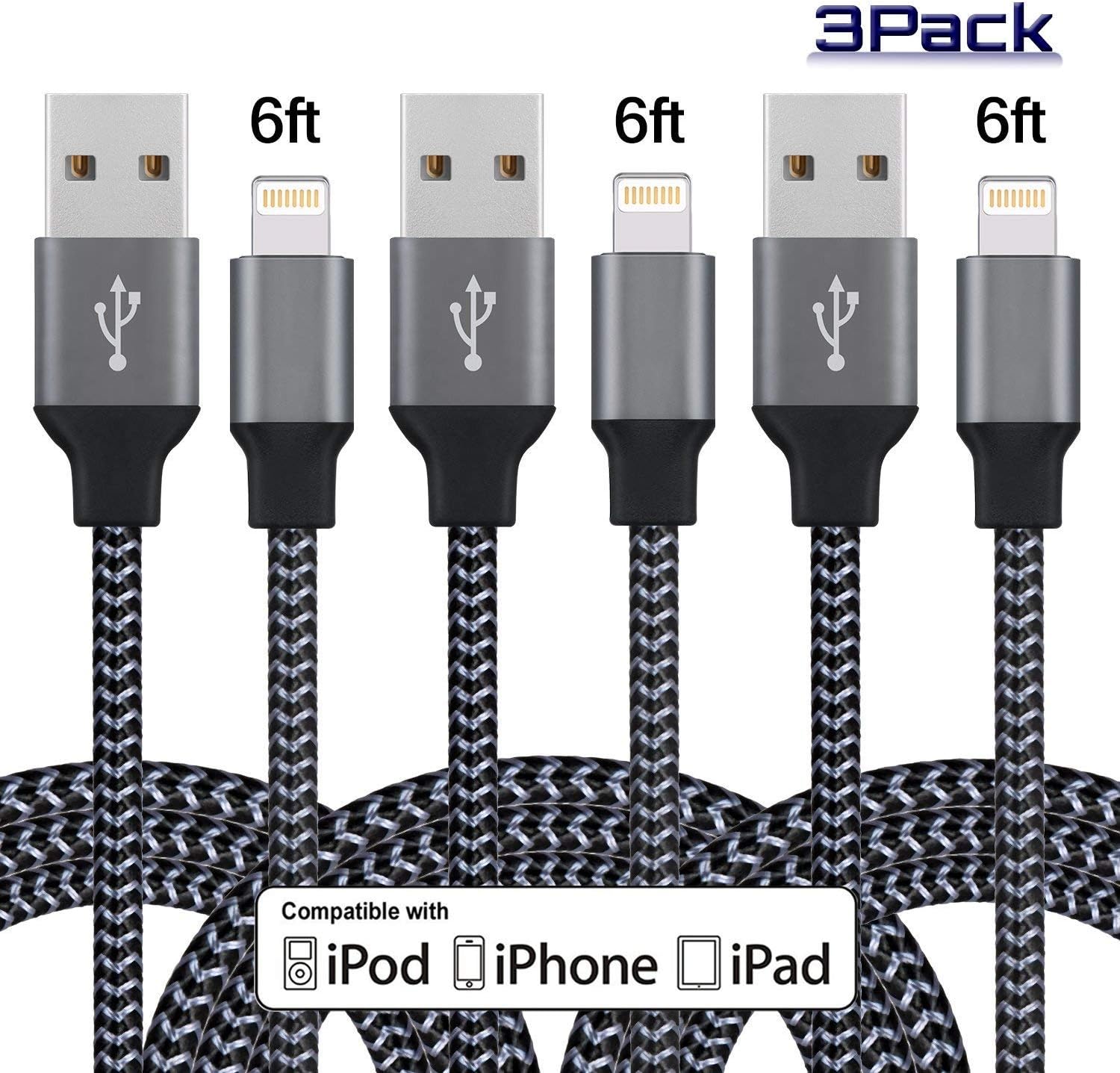 iPhone Charger 3Pack 6FT Lightning Cable 8Pin Nylon Braided Sync & Charging USB Cable Cord Charger Compatible with iPhone 7/7 Plus/6s/6s Plus/6/6 Plus/5s/5c/5/SE, iPad/iPod & More (Black)