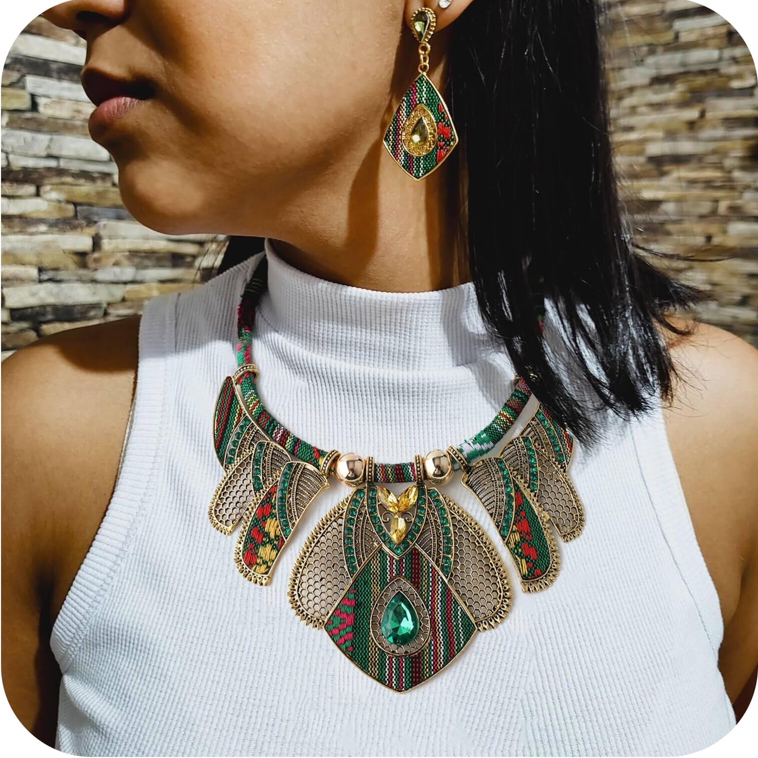African Jewelry Sets for Women Boho Tribal Retro Statement Choker Necklace and Dainty Dangle Earring Set Multicolor Ethnic Style Chunky Bib Collar Costume Jewelry Accessories for Women - Image 5