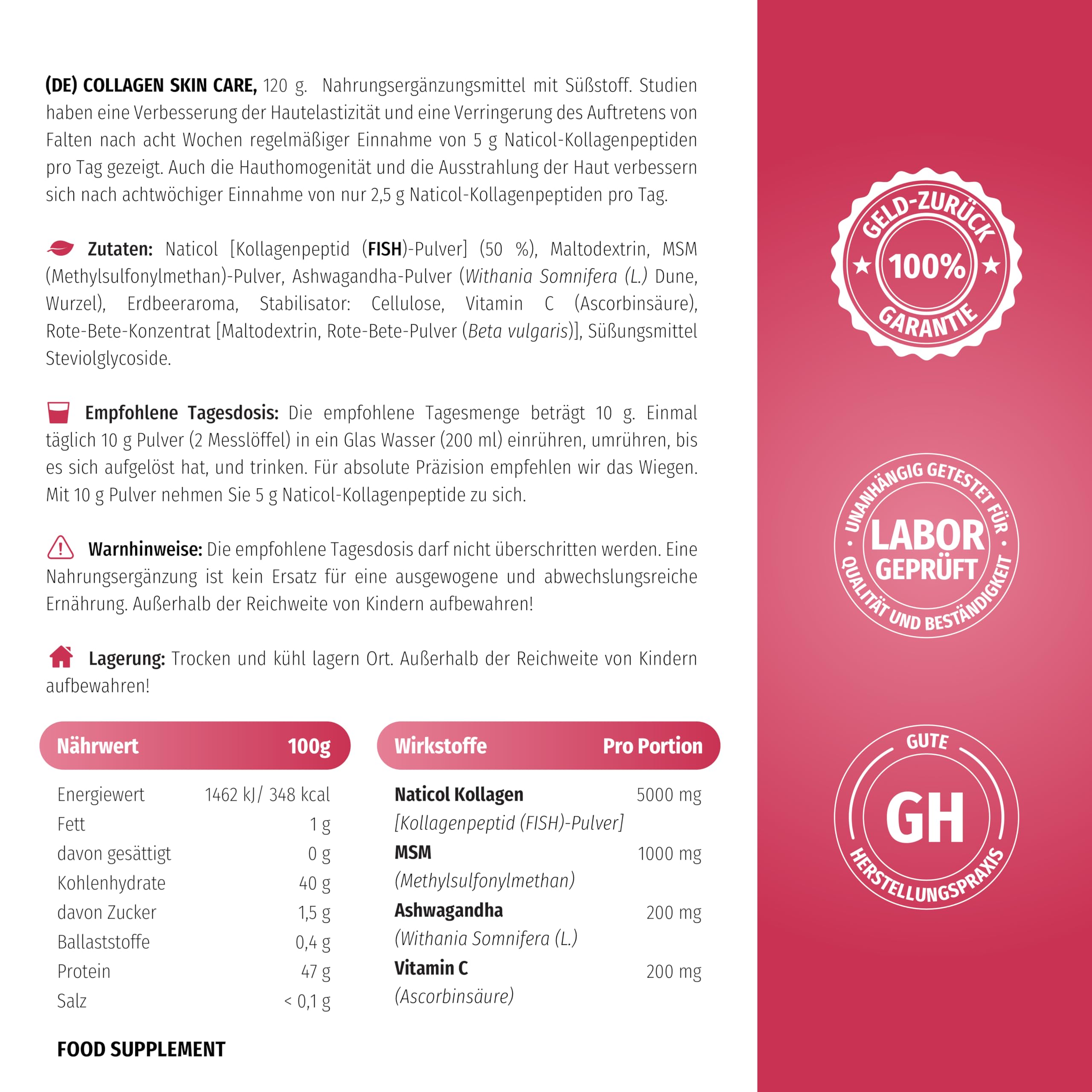Nature's Finest Collagen SkinCare - Marine Kollagen Pulver Hochdosiert (5000mg) - Kollagen-Präparate mit Vitamin C - Unterstützt Haare, Nägel und Haut - Kollagen zum Trinken