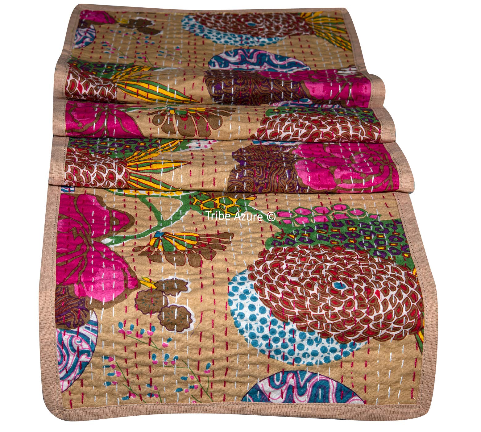 Tribe Azure Table Runner Cotton 12" x 48" Floral Tapestry Boho Bohemian Colorful Coffee Table Placemats Farm House Persian Hippie Decoration Reception Party Wedding Decor (Kantha Floral Beige)