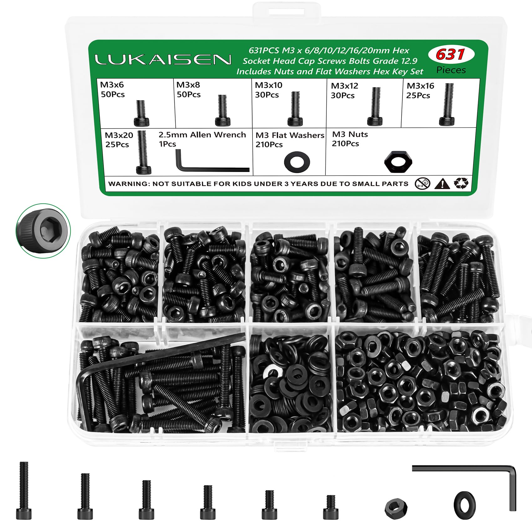 LuKaiSen 631PCS M3 Hex Socket Head Cap Screws and Nuts Assortment Kit, Grade 12.9 Alloy Steel Metric Machine Bolts (M3 x 6/8/10/12/16/20mm) with Flat Washers & Wrench,Black Zinc Plated for 3D Printing