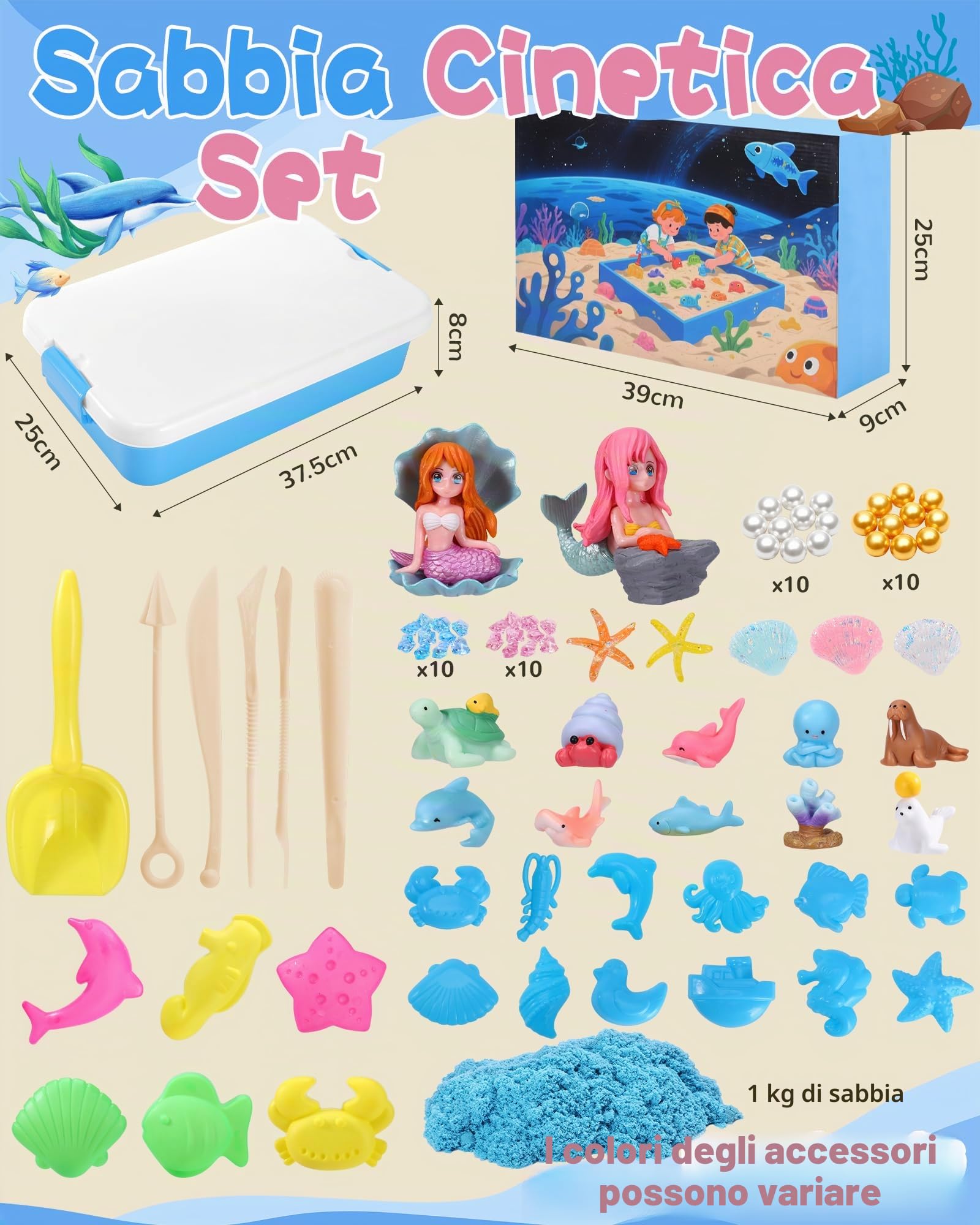 cycletour Magic Sand Set Ocean Series, set di sabbia magica, contiene 1 kg di sabbia magica blu, una sabbiera coperta e 47 giocattoli di sabbia, sabbia magica per bambini dai 3 anni in su