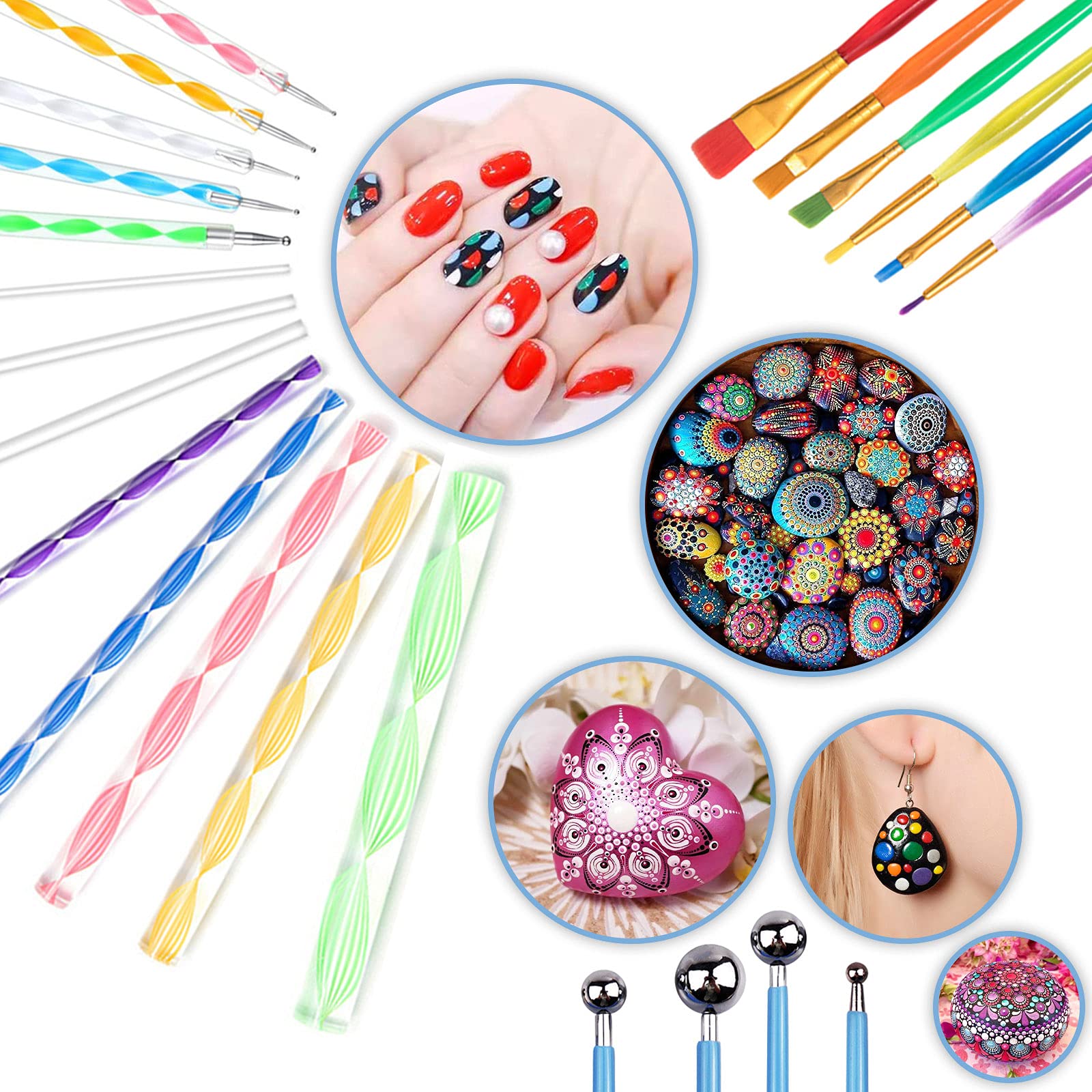 Amzeeniu Kit Mandala Set 74 Strumenti Include Pittura Roccia, Stencil, Aste Acriliche, Strumenti Punteggiatura per Disegno Artigianato Nail Art DIY