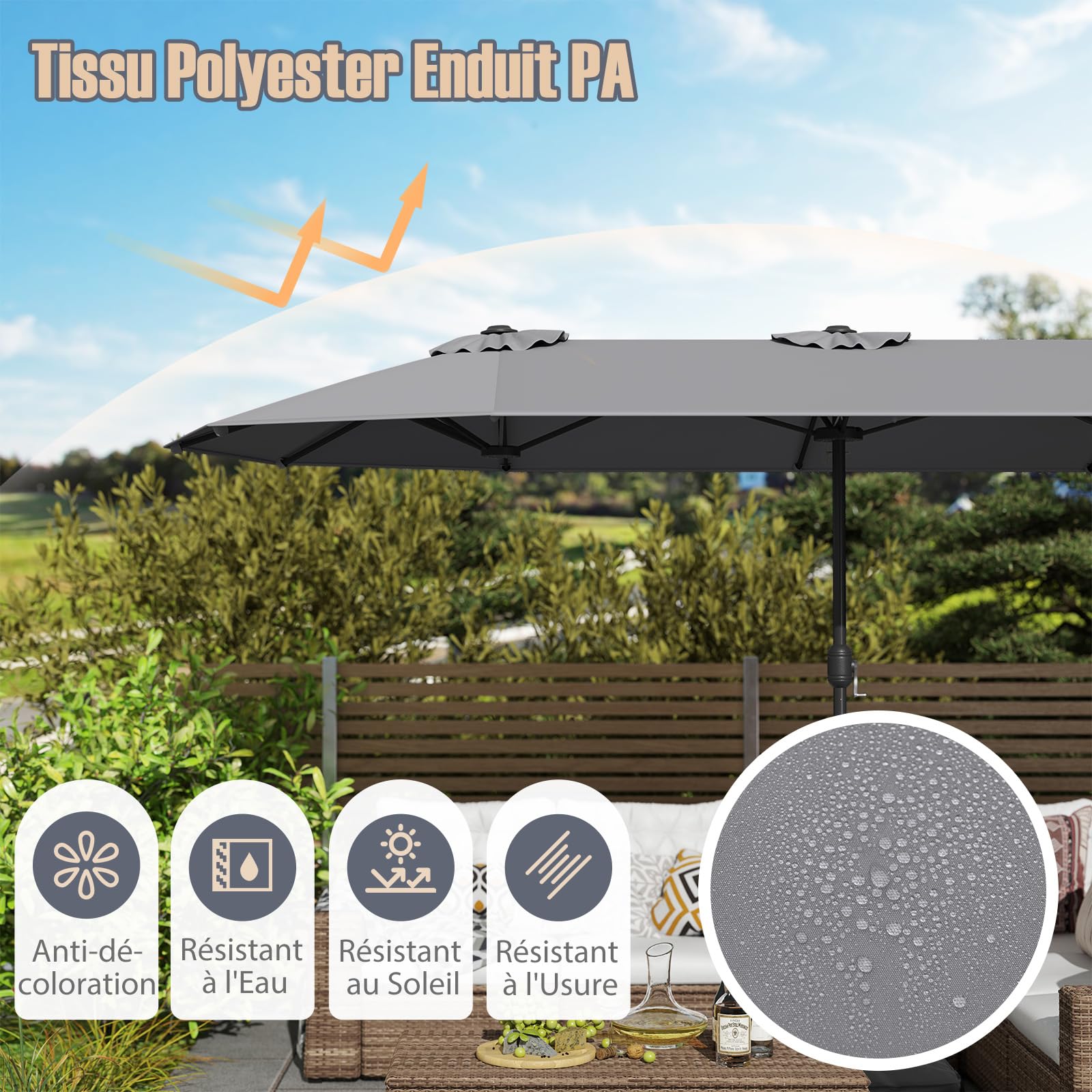RELAX4LIFE Grand Parasol de Jardin Extérieur avec Pied | Parasol Double Terrasse à 12 Baleines | Manivelle | Polyester Résistant | Verrou de Sécurité | Protection UV pour Piscine Patio Marché (Gris)
