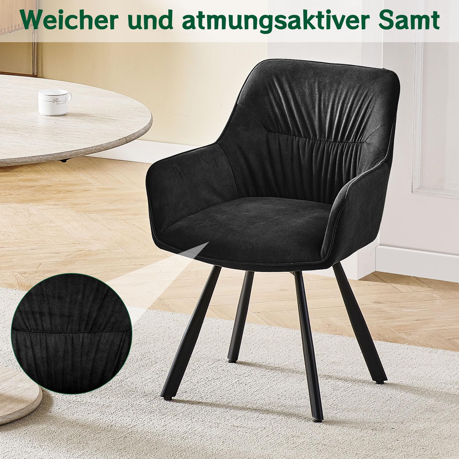 WAFTING Esszimmerstuhl 4er Set drehbar, Armlehnstuhl drehbar 360°,Moderner Polsterstuhl Stuhl Samt, Stühle für Esszimmer,Küchenstuhl für Wohnzimmer, Arbeitszimmer,Schlafzimmer,Schwarz | Mit Armlehnen, Samt, gepolstert, mit Rückenlehne, auch für Wohnzimmer