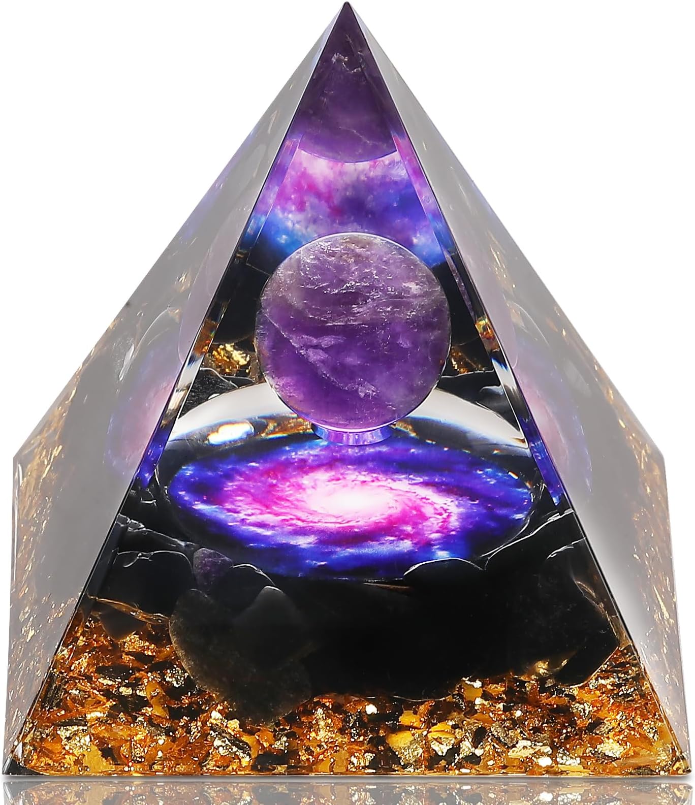 Cosmos Orgone Pyramid with Amethyst Stones, Generator for Positive Energy, Natural Crystal Healing Pyramid for Stress Relief, Meditation, Yoga, Office, Desk Decor
