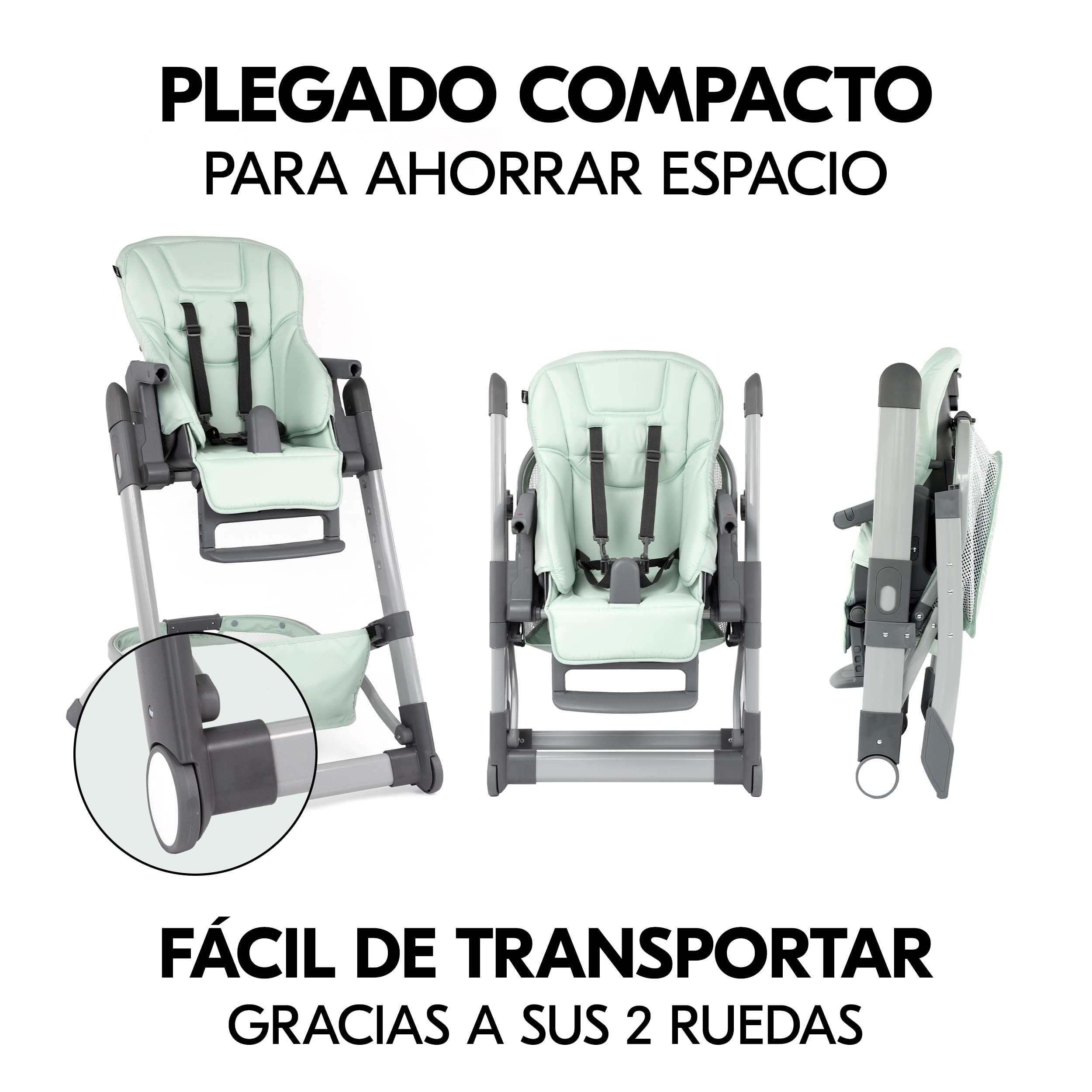 hauck Grow Up Tronas de Bebe Plegables Aptas desde el Nacimiento – Silla Alta con Función Acostada - Bandeja - Ruedas - Altura Regulable - Evolutiva - Portátil - Menta