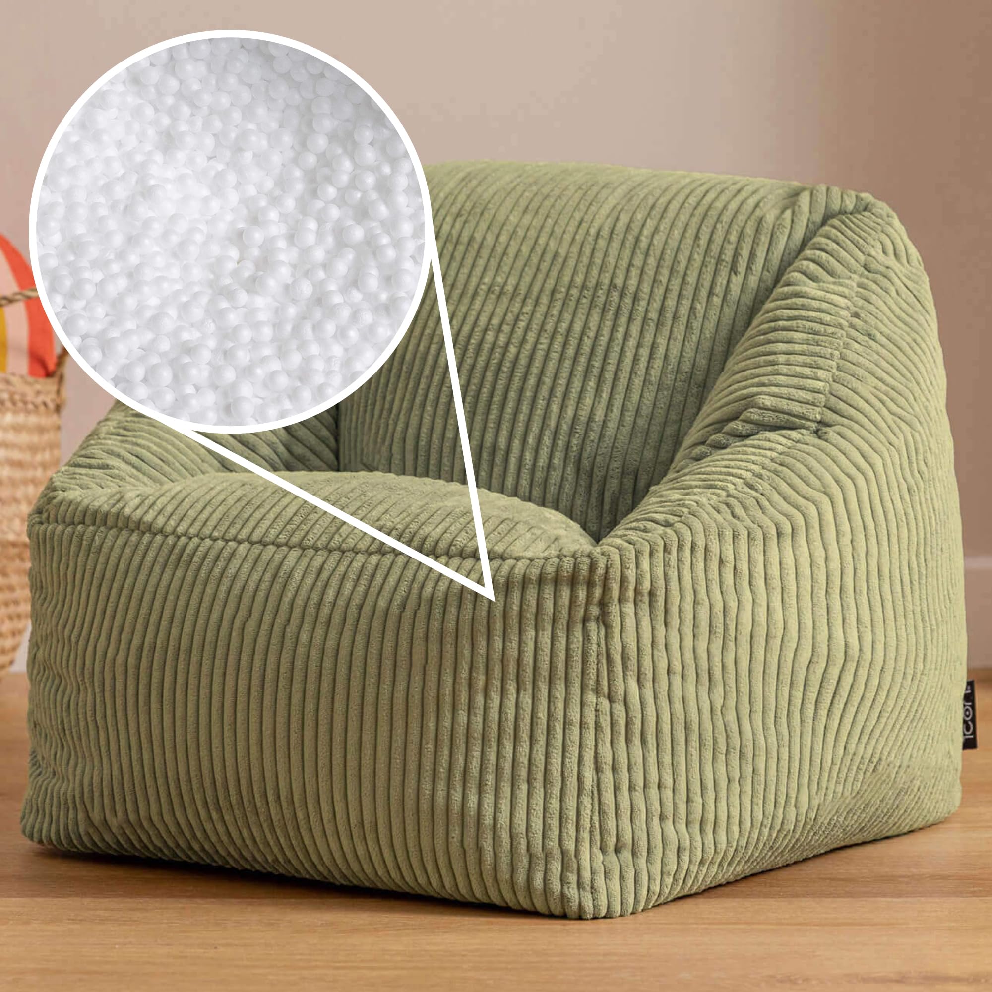 Icon Natalia Sitzsack Kinder, Salbeigrün, Flauschiger Cord Stoff, Sitzsack Cord mit Füllung, Bequemer Kinder Sessel, Kuschelsessel, Lese Sessel, Schlafzimmer, Kinderzimmer, Spielzimmer