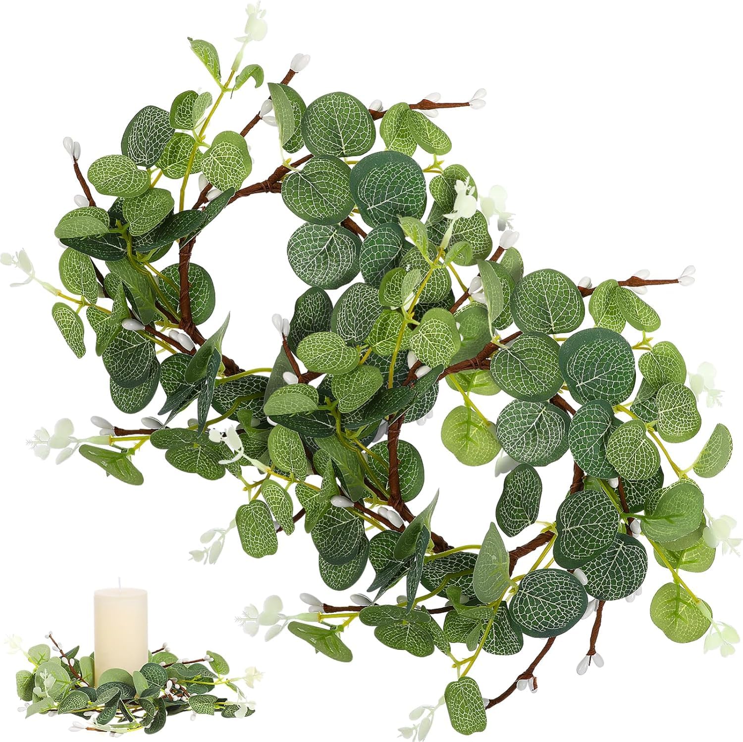Easter Candle Rings, 2Pcs Artificial Eucalyptus Leaves Candle Wreath for Easter Spring Wedding Home Door