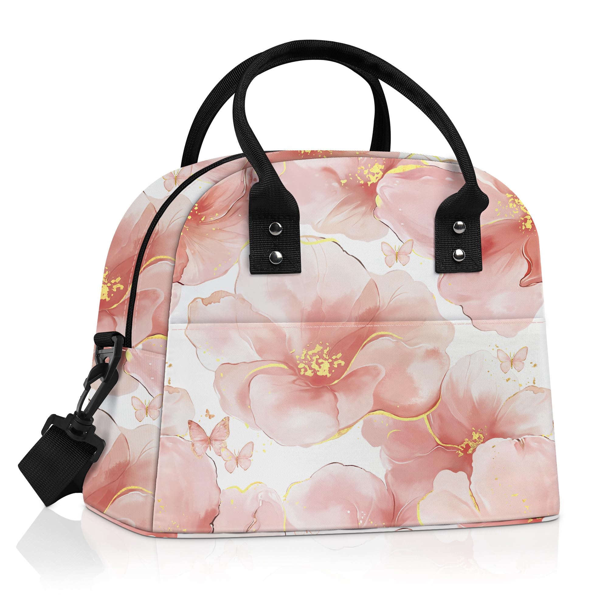 Clastyle Plant Women Lunch Box Bag Leaves Large Camping Adult Lunch Tote Insulated Cooler Bag for Office Work Picnic,Pink Marble Flower