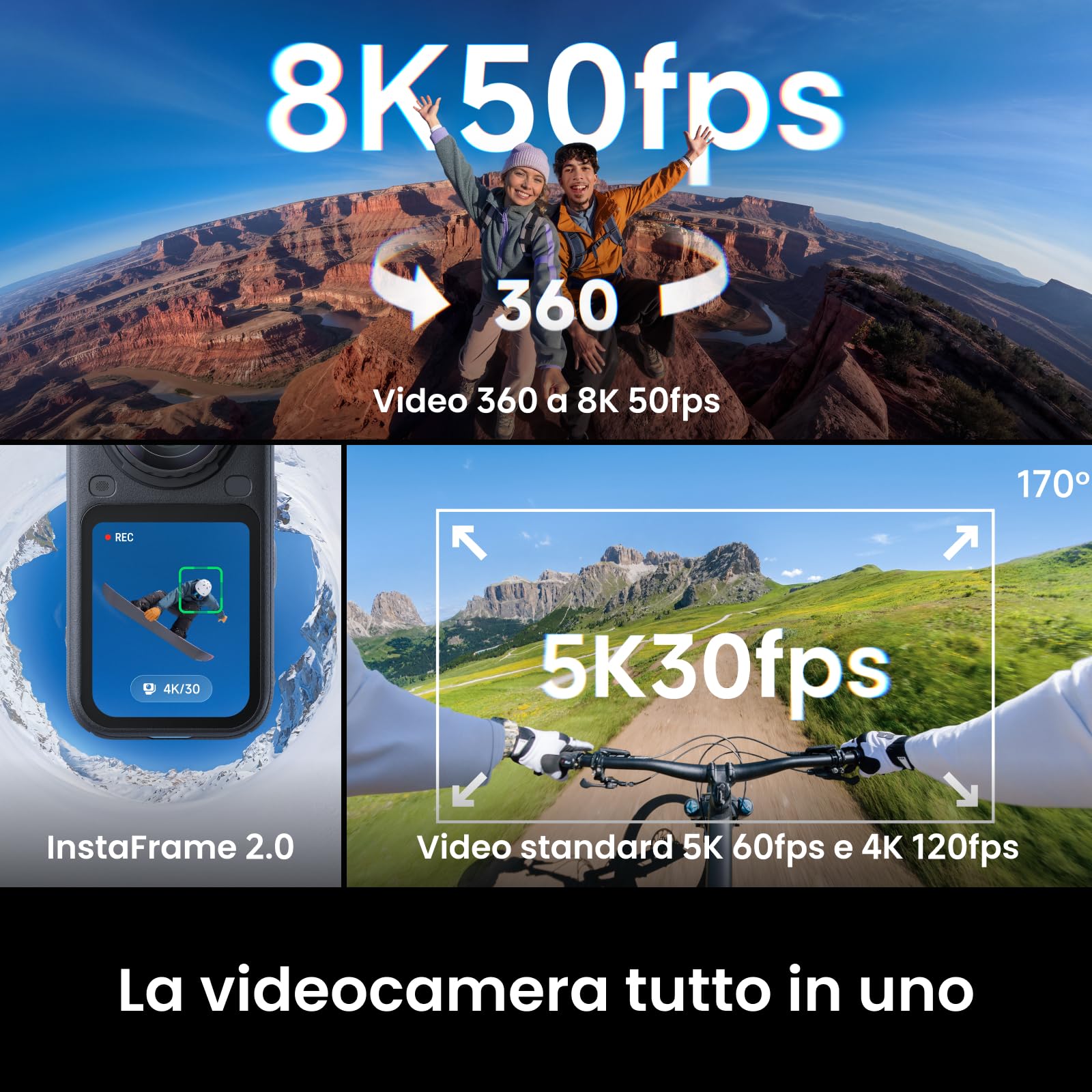 Insta360 X6 - Action cam 360 8K con sensori da 1/1,1″, Nero notte | Videocamera, doppio sensore quadrato personalizzato da 1/1,1″, triplo chip IA, lenti sostituibili 2.0, 140 min di video in 8K