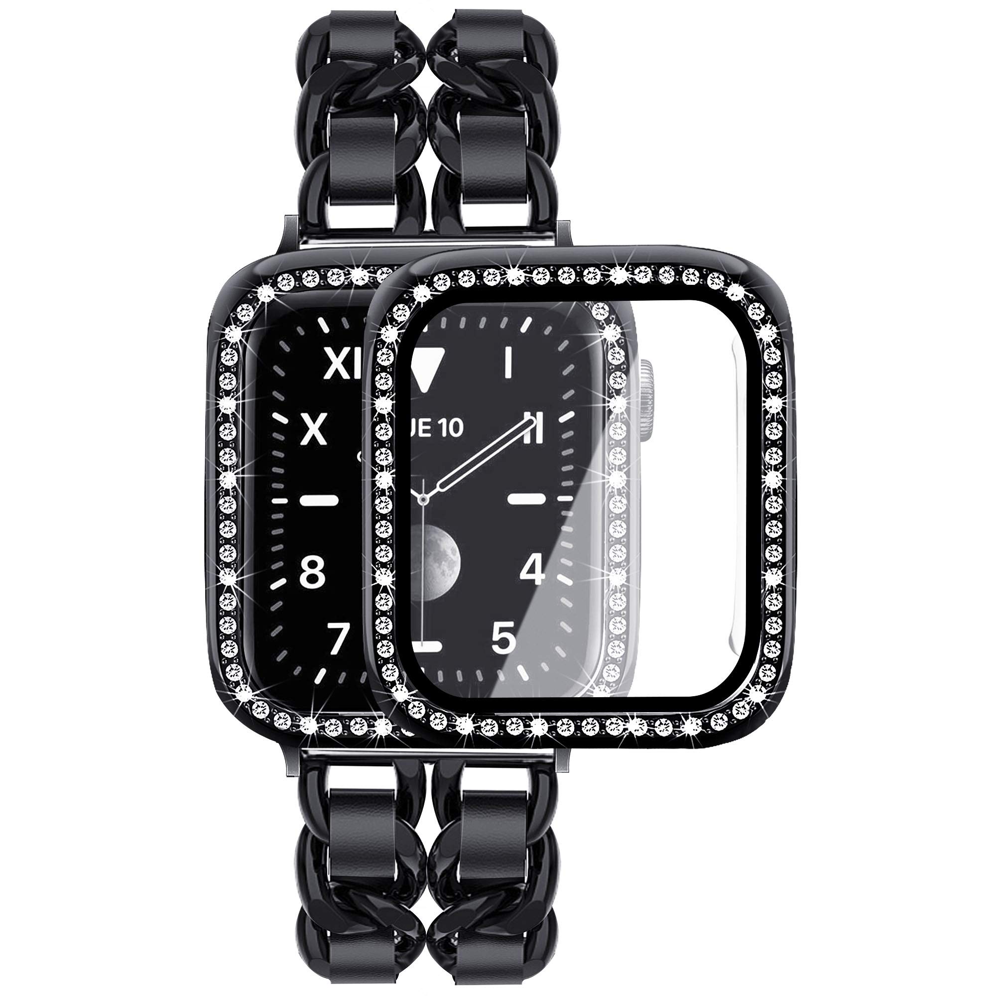 Mosonio Compatible for Apple Watch Band 46mm with Screen Protector Case Women, Jewelry Metal Chain with 2P Bling Case Cover for iWatch Series 11 10(