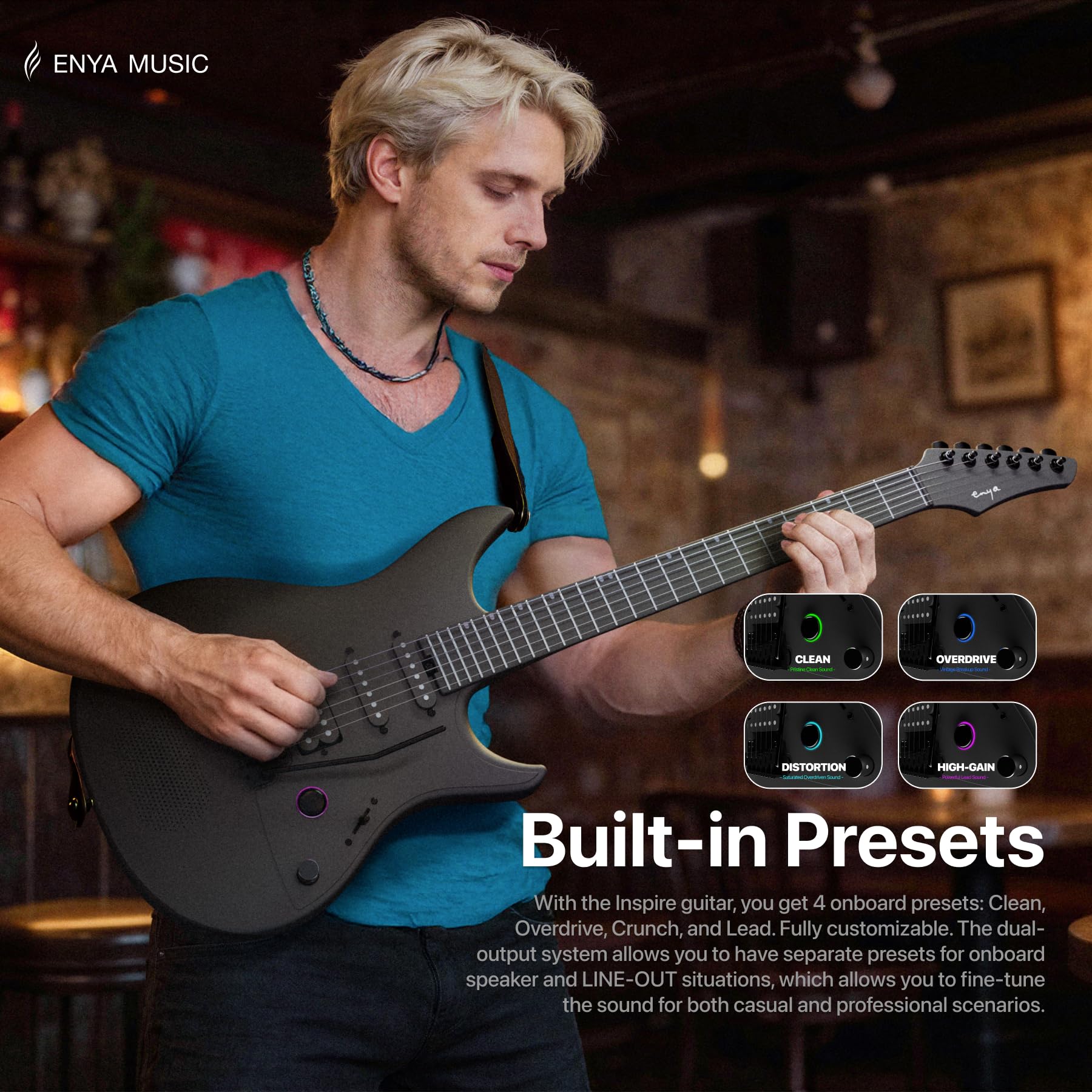 Enya Inspire 39" Smart E-Gitarre aus Kohlefaser mit 15W Wireless Lautsprecher | 20 Klang-Presets per App | Komplettset inkl. Gitarrentasche, Ladekabel & Zubehör