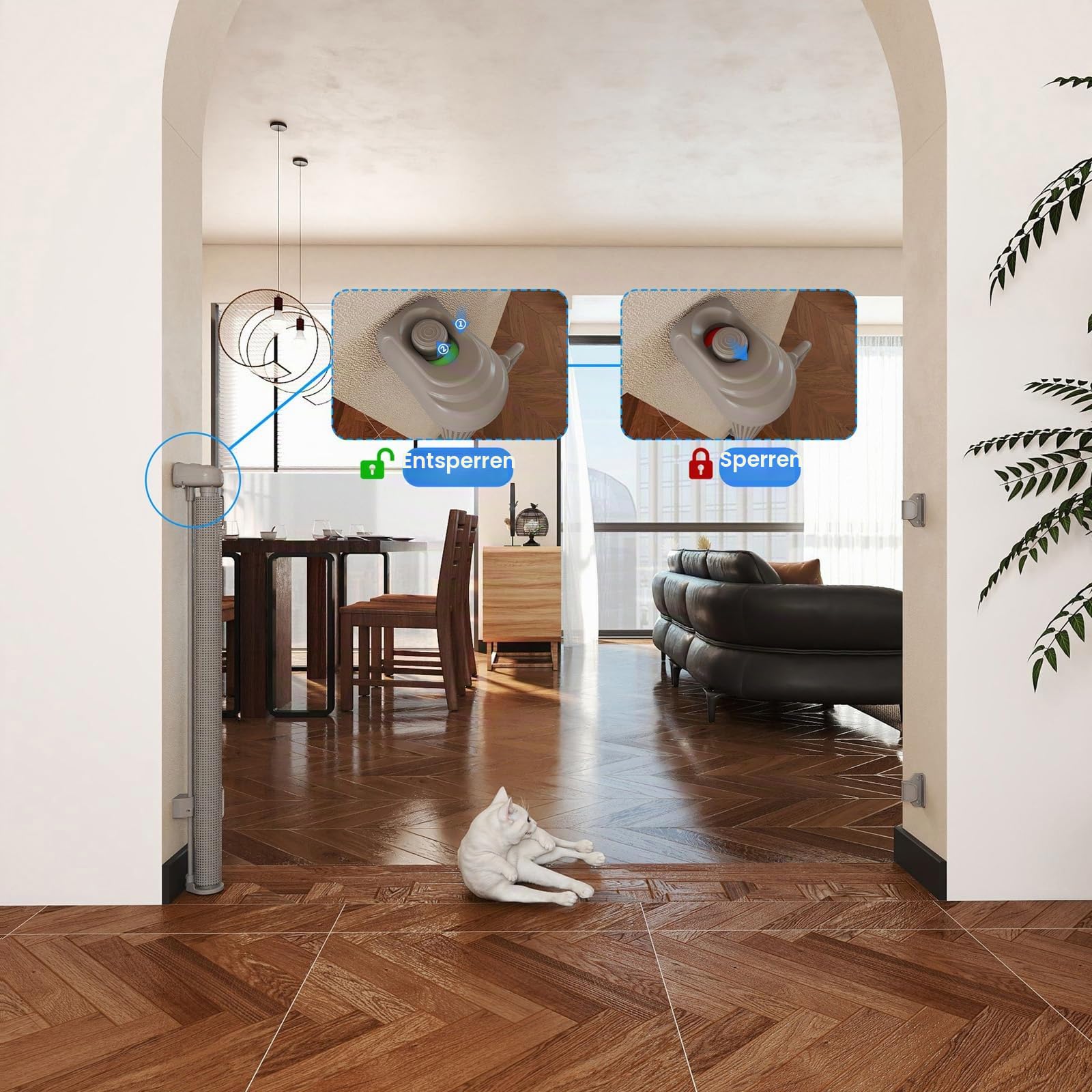 homewell 150cm Treppenschutzgitter Ausziehbare für Babys, Türschutzgitter mit Katzenklappe, Türschutz für Treppen/Türen/Innen & Außen, Einhändig Bedienbar
