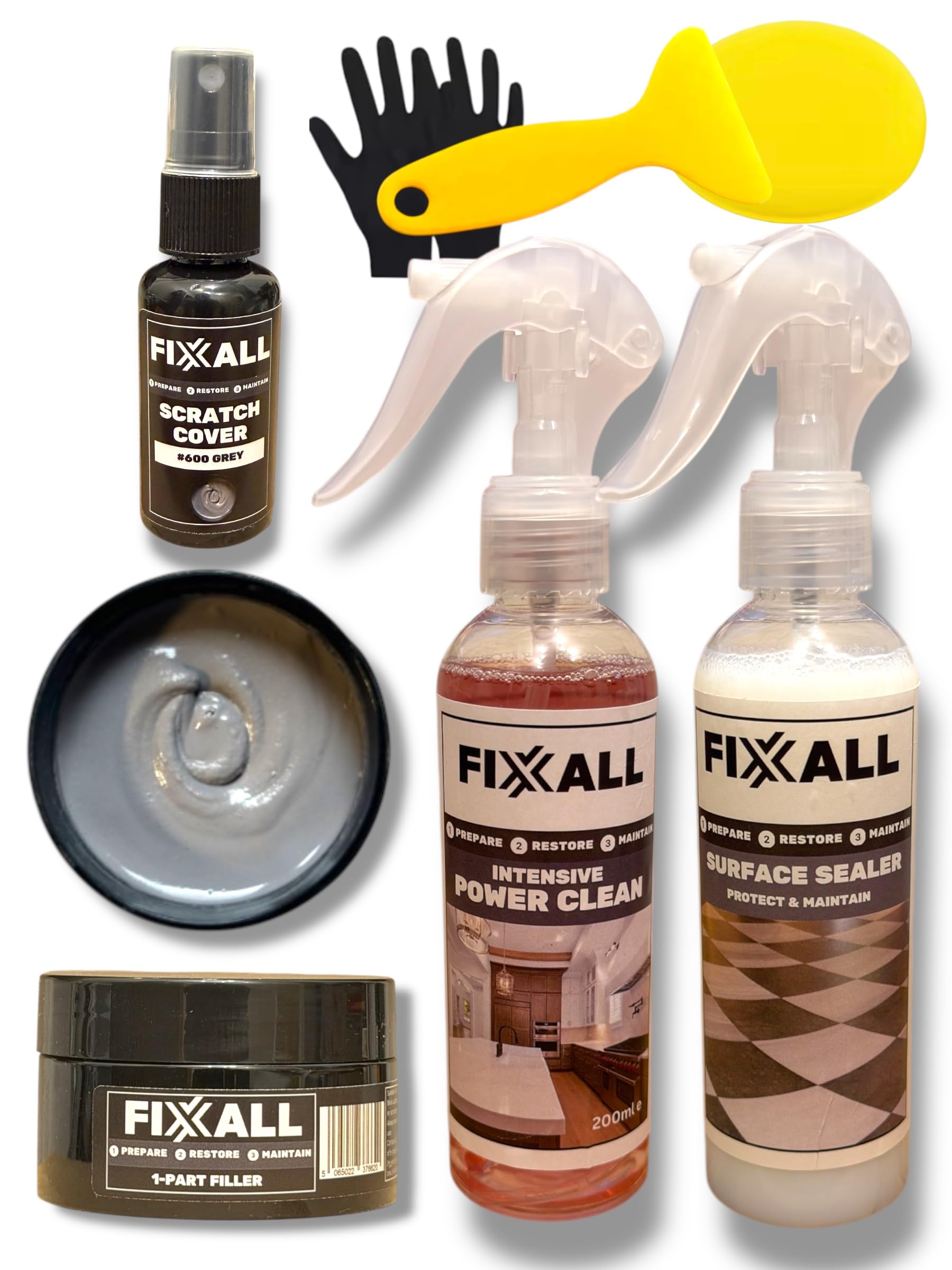 Fixxall All Surface Repair Kit – Floor, Worktop & Furniture Repair Kit for Wood, Laminate, Vinyl, Tile & Stone Surfaces – 16 Colour Repair Fillers & Scratch Cover (Grey)