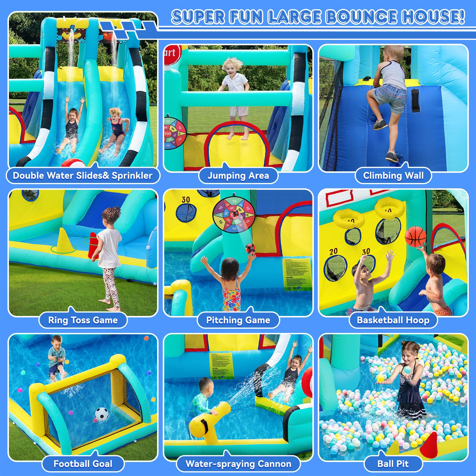Castillo Hinchable Grande con Tobogán de Agua y Soplador, para Niños con Trampolín, Rocódromos, Baloncesto, Piscina, Peso 225 kg, para 4 Niños de 3 a 10 Años, 470×400×220 cm