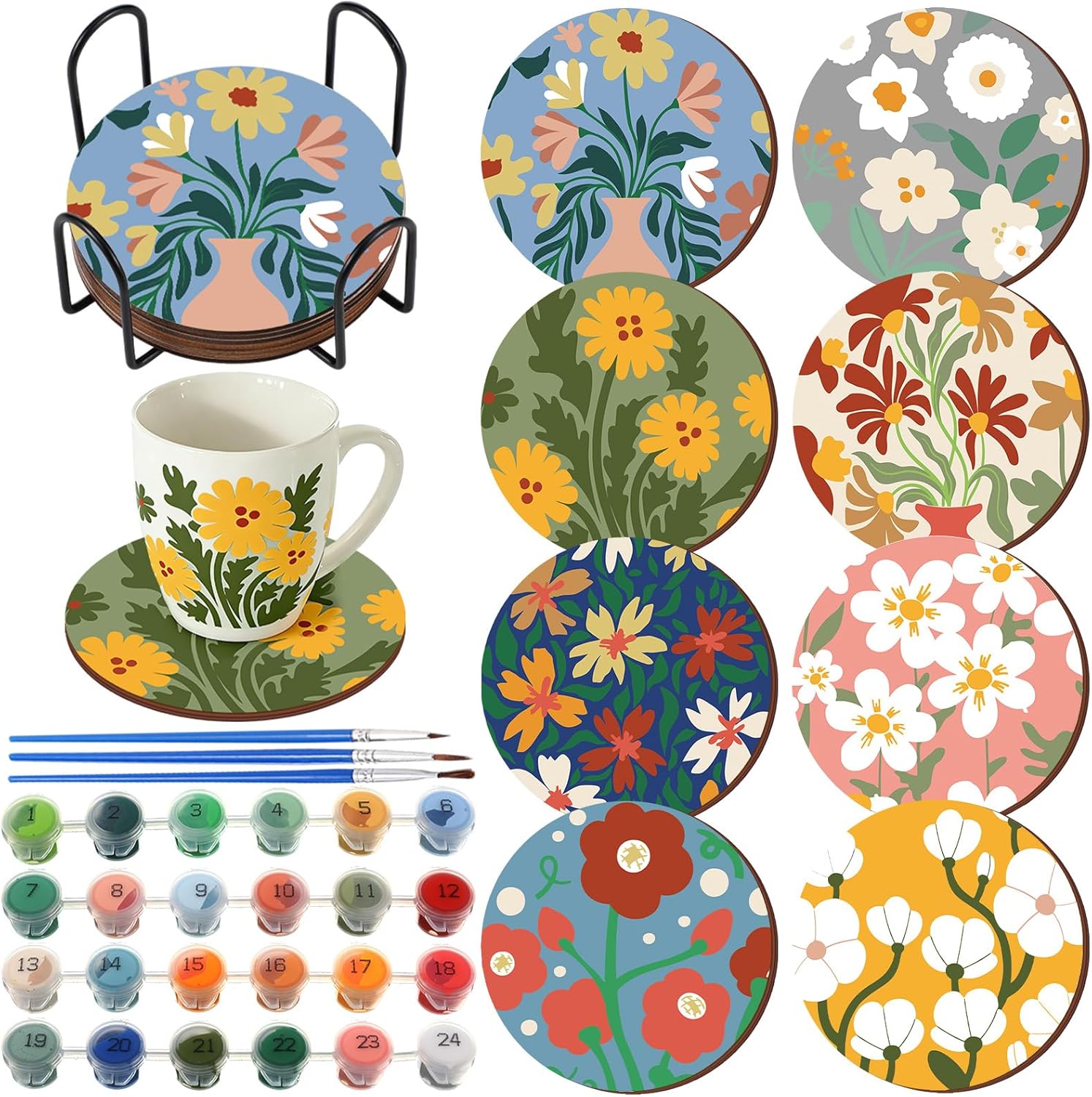 Reallnaive 16 Pcs Flower Paint by Numbers Kit for Adults Floral Spring Coasters with Holder Mini Paint by Numbers Kits Round Oil Painting Drink Coaster for Small DIY Craft Birthday Gift