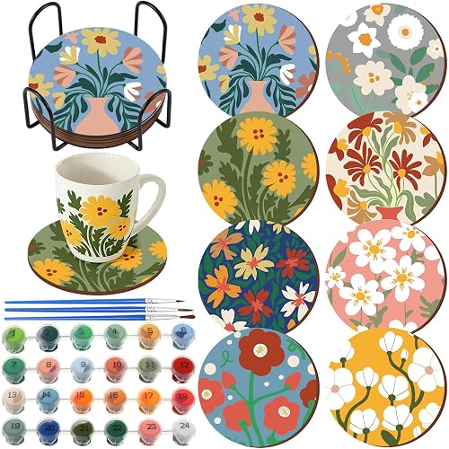 Reallnaive 8 Pcs Flower Paint by Numbers Kit for Adults Floral Cute Coasters with Holder Mini Paint by Numbers Kits Round Oil Painting Drink Coaster for Small DIY Craft Birthday Gift