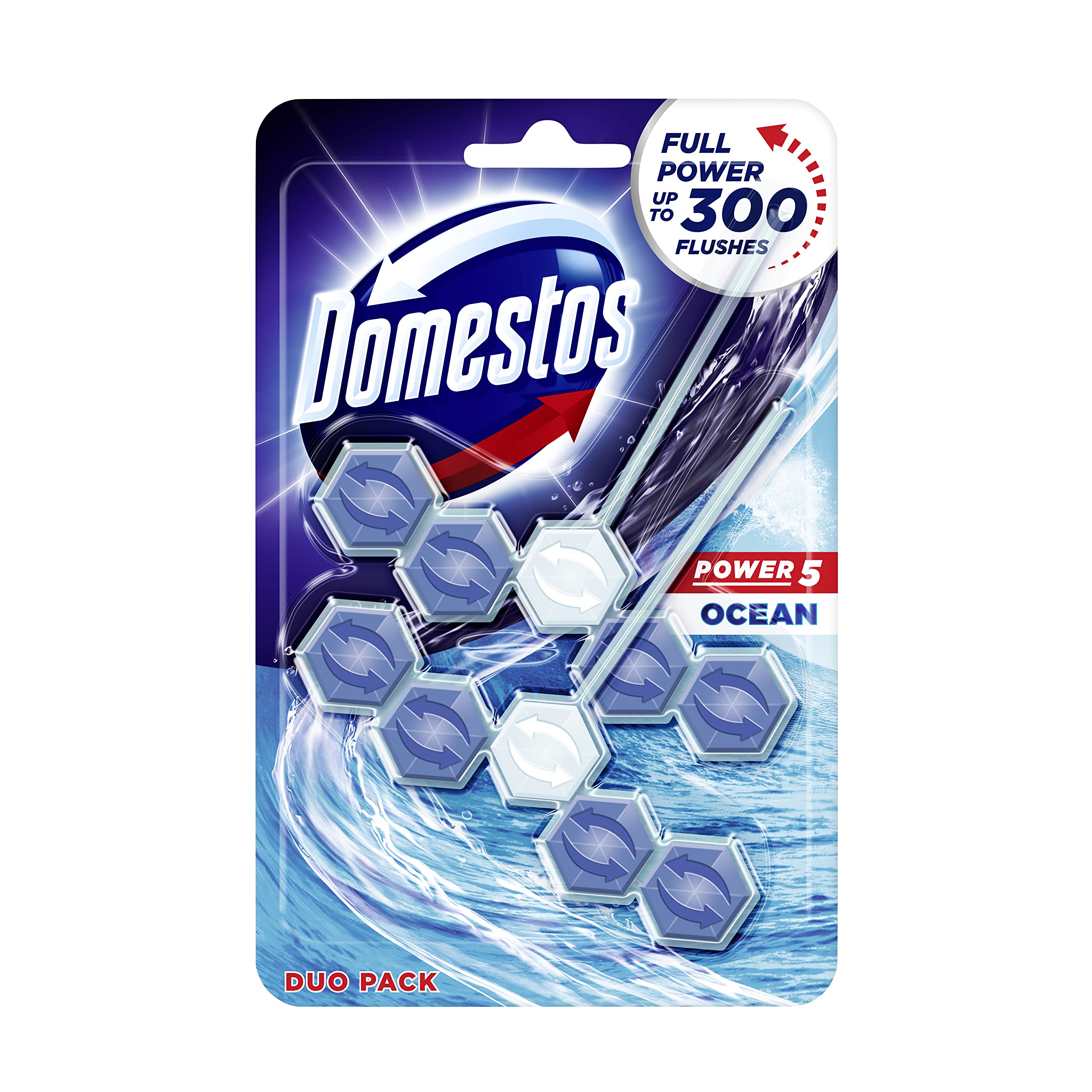 Domestos Ocean Toilet Rim Block toilet blocks that clean at full power for up to 300 flushes from the UK’s No.1 toilet cleaner brand* 2 pc