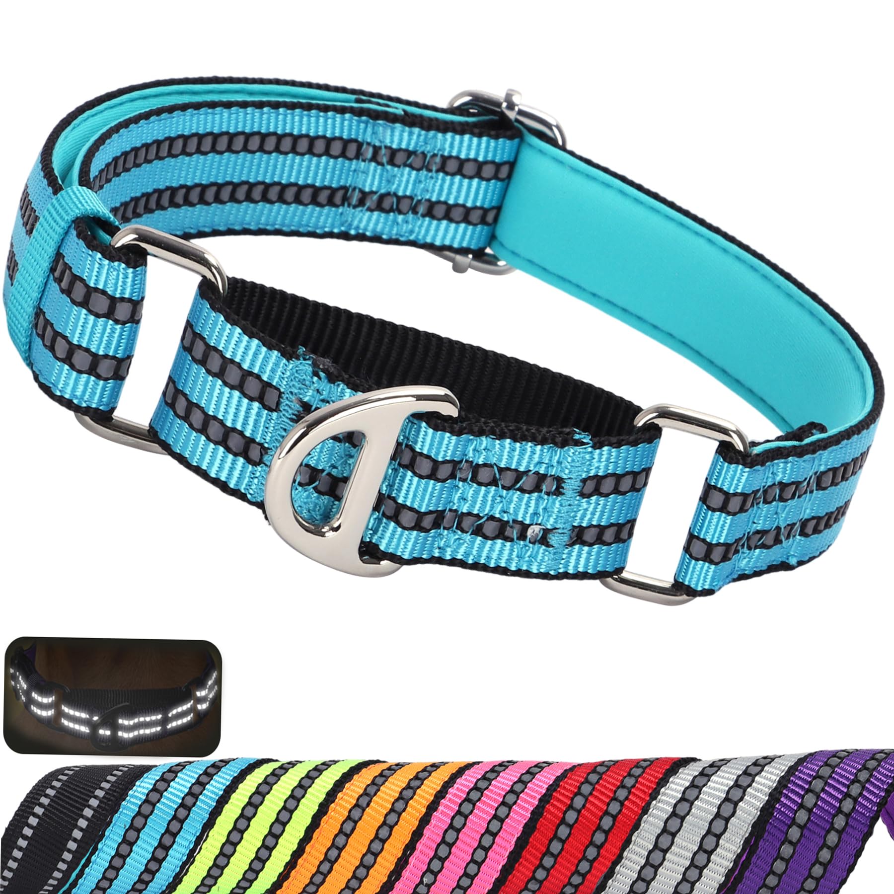 Martingale Dog Collars for Large Dogs, Reflective Nylon No Pull Choke Collar with Padded Heavy-Duty Metal D-Ring No Buckle for Nighttime Walking &