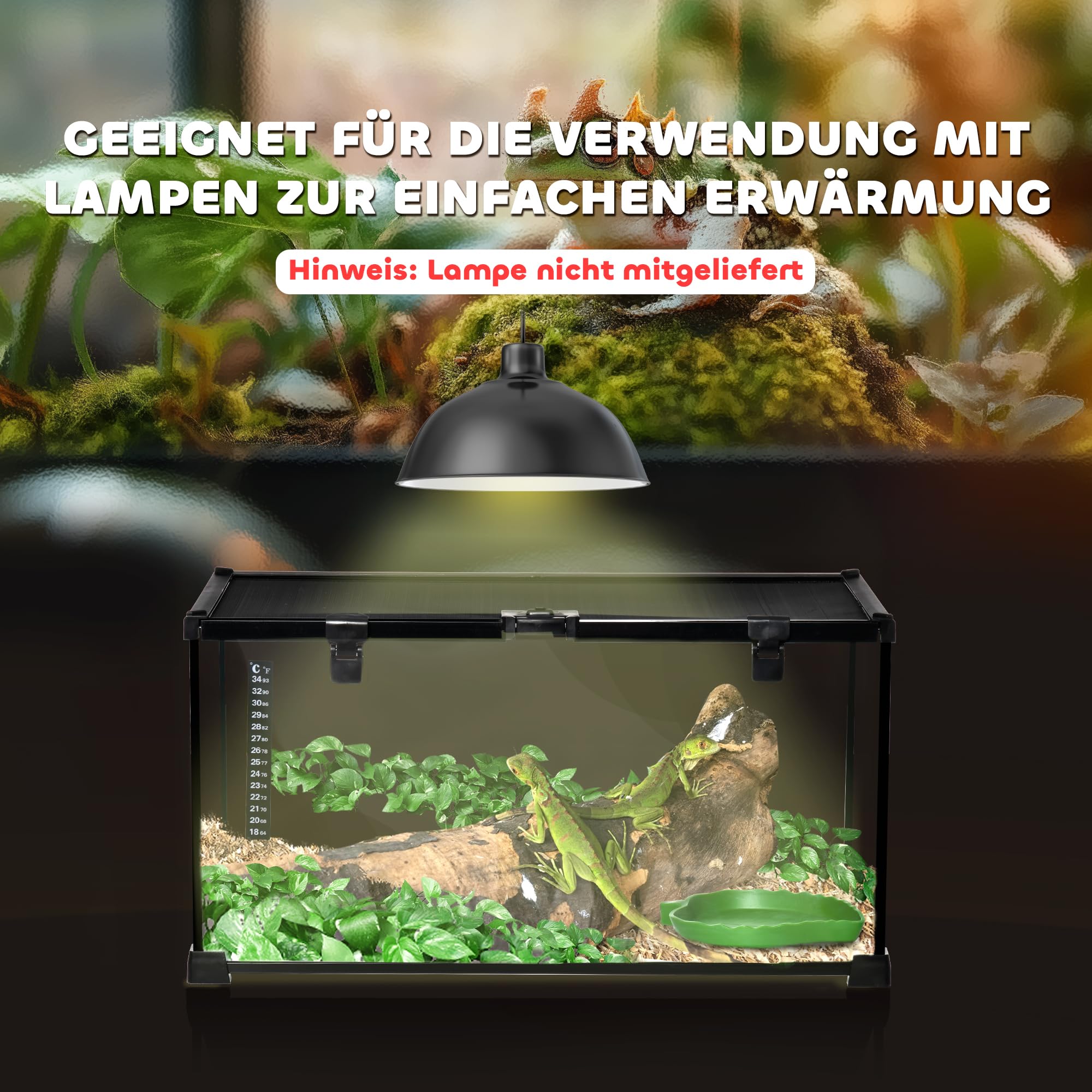 PawHut Terrarium dla gadów, pudełko do karmienia gadów, szklane sterrarium, płazy, pajęczaki, z termometrem, pudełko do hodowli gadów, metalowe, czarne, 50 x 30 x 25 cm