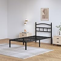 Vista 4 de Marco de cama de metal de 14 pulgadas, marco de cama resistente de tamaño individual con cabecero, plataforma de listones de acero básico negro,