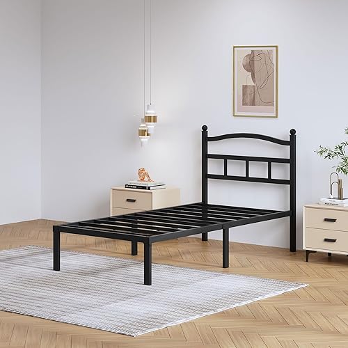 Miniatura 4 de Marco de cama de metal de 14 pulgadas, marco de cama resistente de tamaño individual con cabecero, plataforma de listones de acero básico negro, no