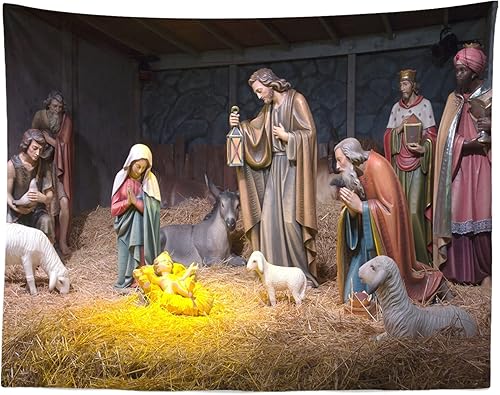 Miniatura 10 de Loccor Tapiz de Navidad de 80 x 60 pulgadas, pesebre, nacimiento del bebé Jesús, tapiz para colgar en la pared, tapiz religioso cristiano, arte de