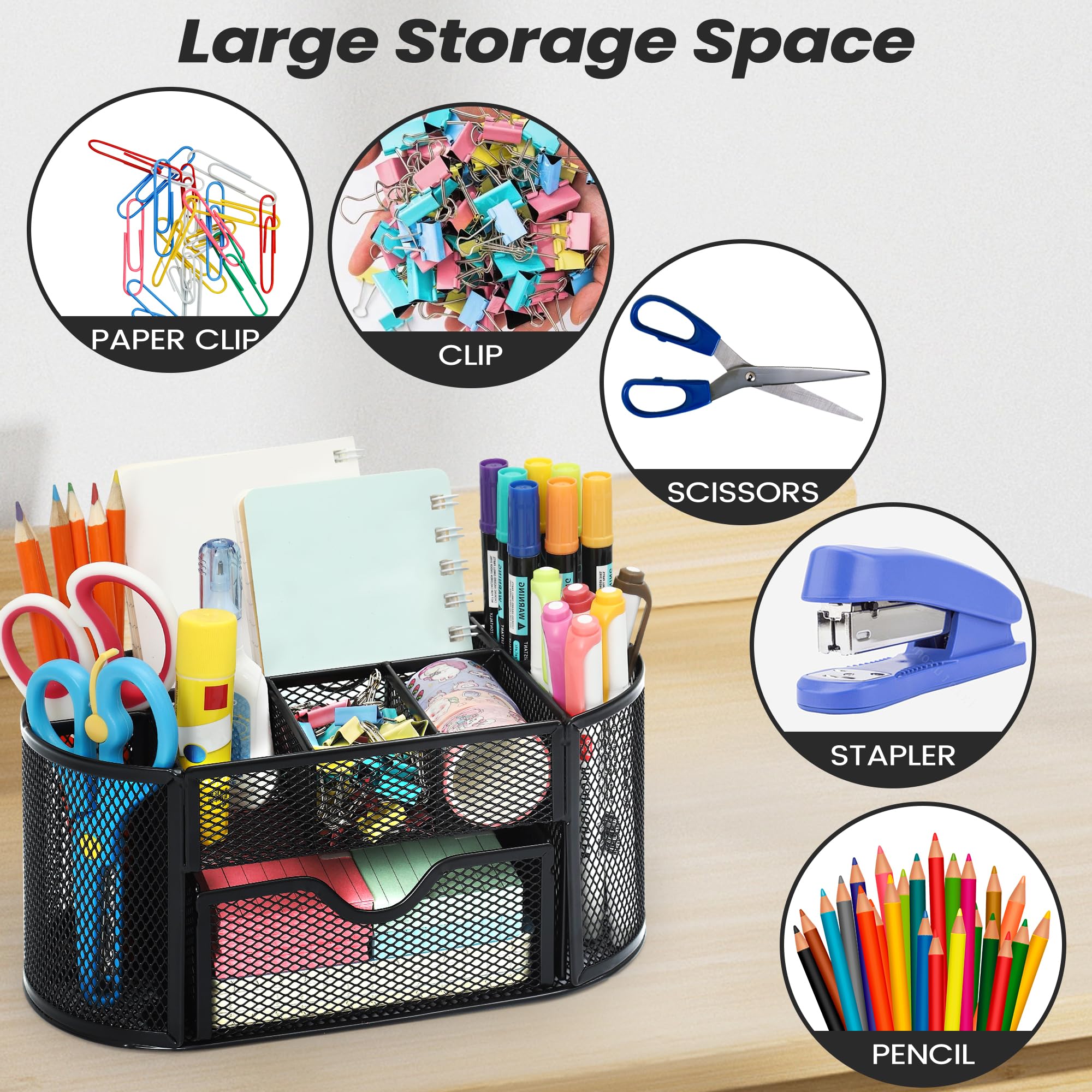 Chumix Organizer Scrivania, Porta Penne per Scrivania, Portapenne da Scrivania in Rete Metallica, Desk Organizer con Cassetto e Porta Penne, per Casa, Scuola, Uffici (Nero)