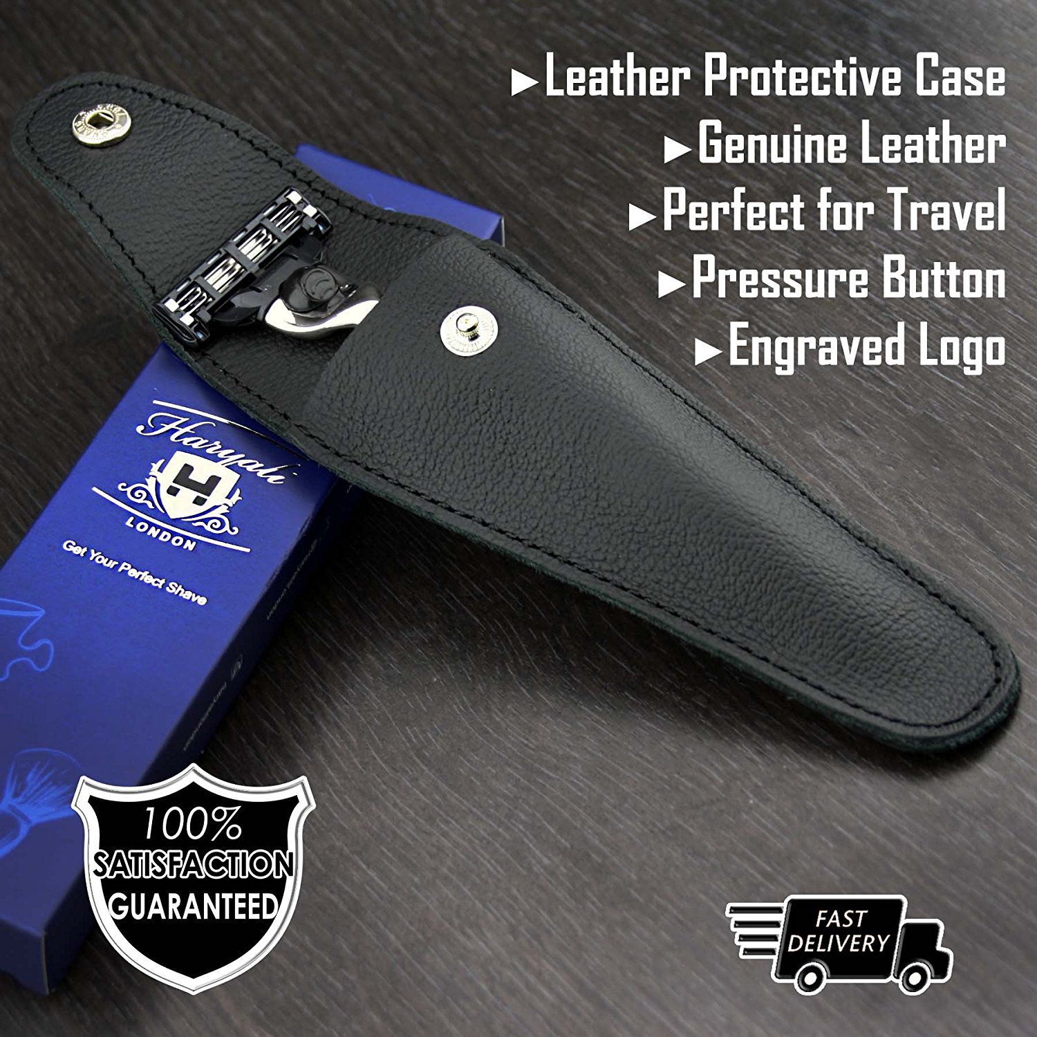 Maquinilla de afeitar de tres cuchillas para hombre en marfil con funda de piel auténtica | Afeitado y cuidado de hombre > Esenciales de viaje para hombre – Set de regalo
