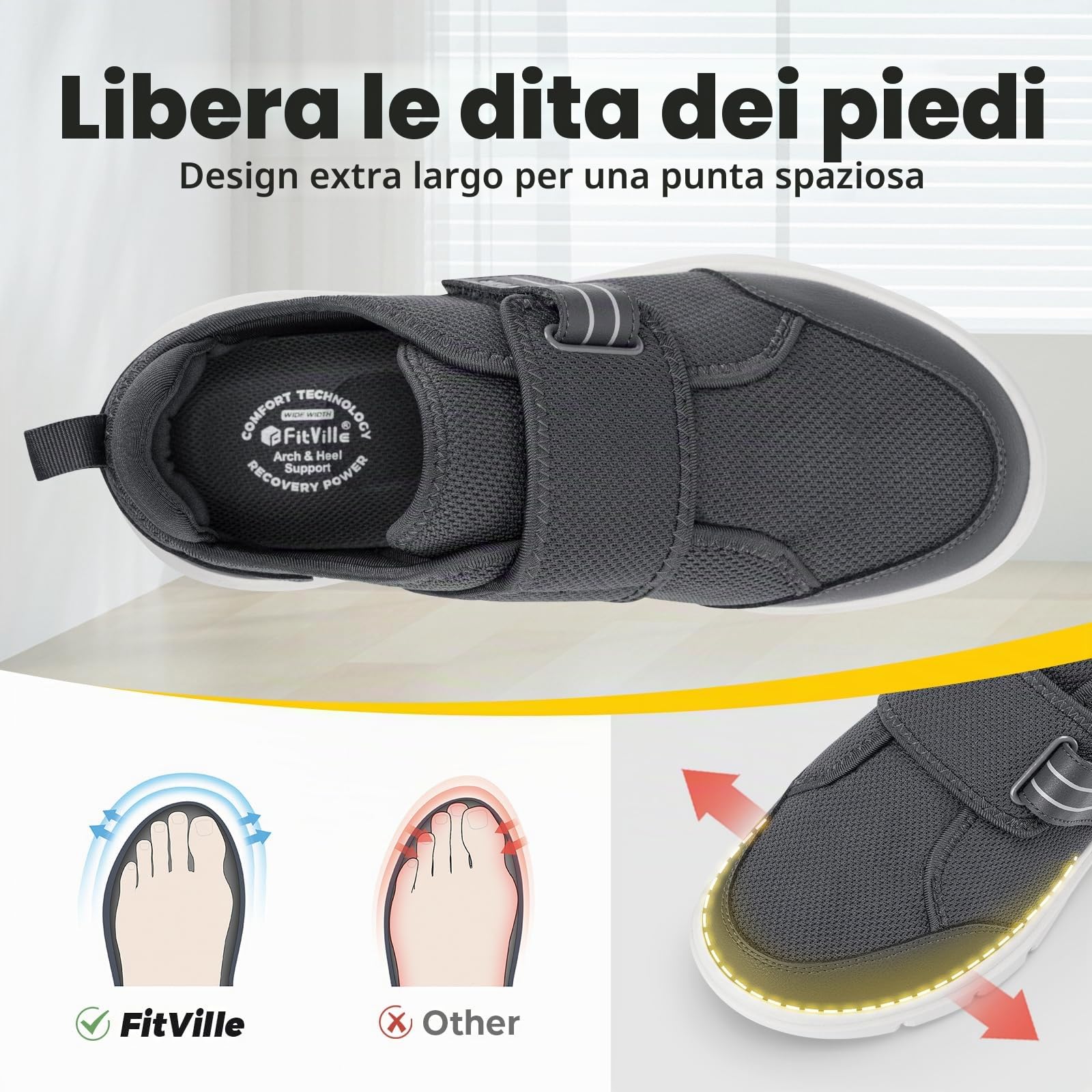 FitVille Scarpe con Strappo Uomo Extra Large per Diabetici Sneakers da Riabilitative Traspiranti Pantofole per Camminare Anziani