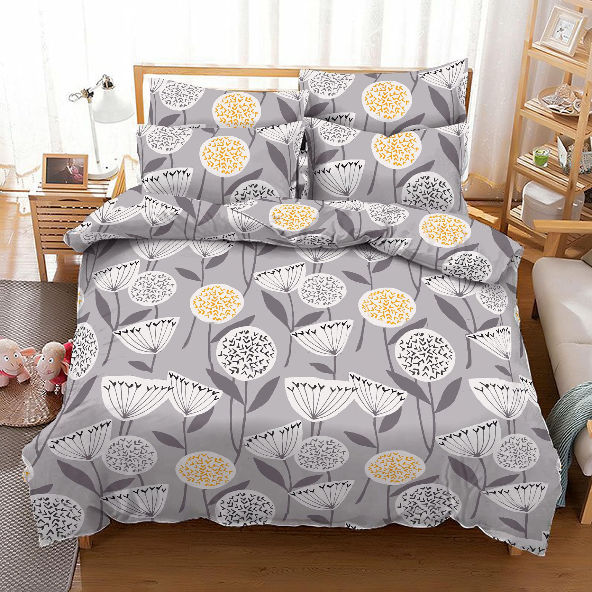 100% Cotton 400 Thread Count Double Duvet Cover Set Printed Floral, Floral Grey