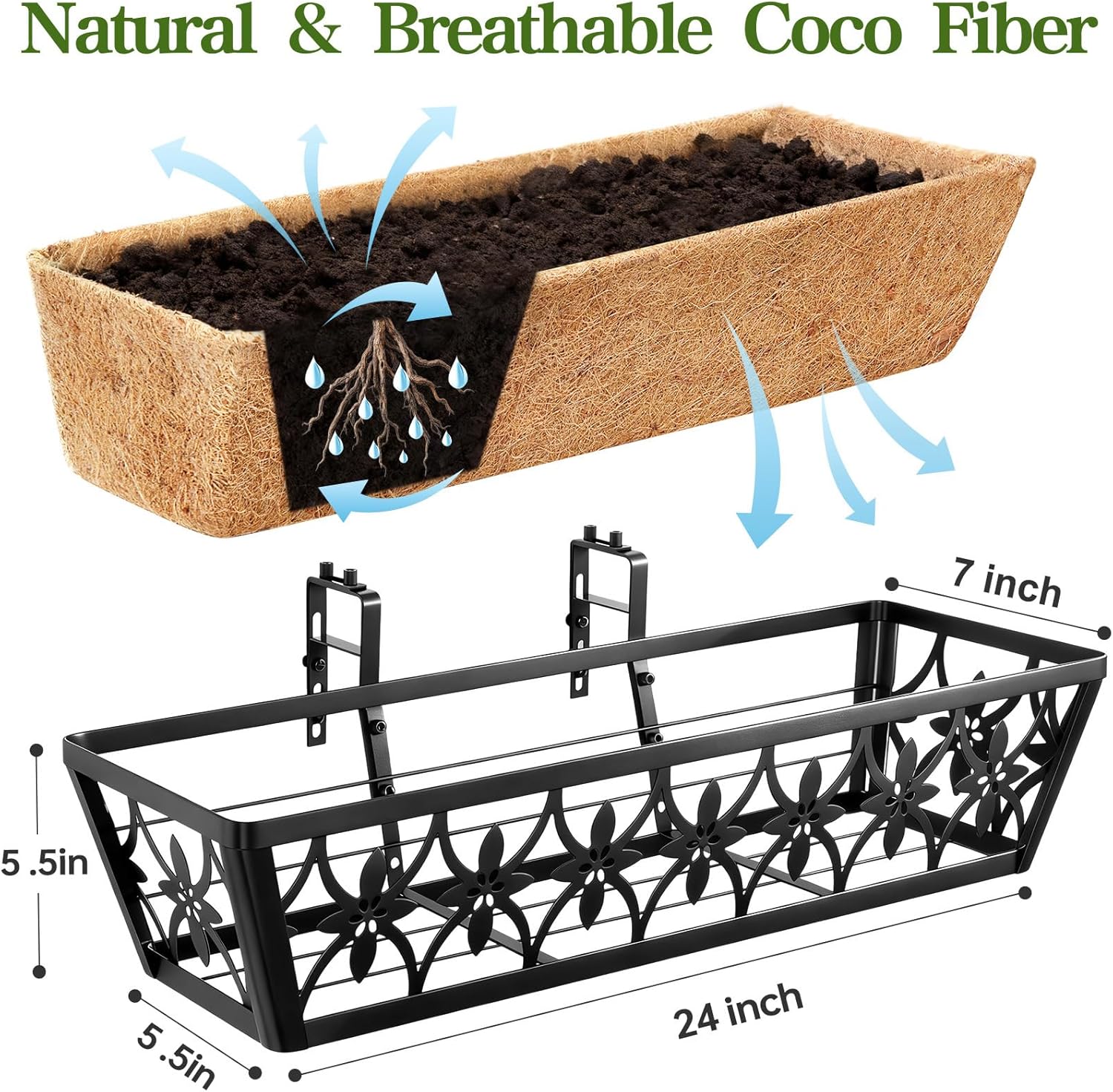 24 Inch Window Boxes Planters Railing Planter Box - 2 Pack Deck Railing Planter Boxes with Adjustable Brackets Coco Liners Balcony Planters Railing Hanging for Window Flower Boxes Outdoor Garden Decor