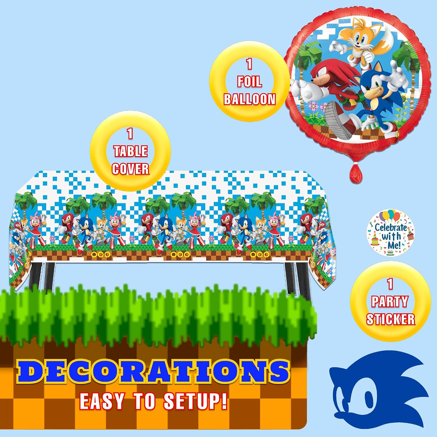 Unique Sonic the Hedgehog Party Bundle Plastic Table Cover 18” Foil Balloon 16 Round Plates with Celebrate With Me Sticker | Sonic Birthday Party Supplies for Kids