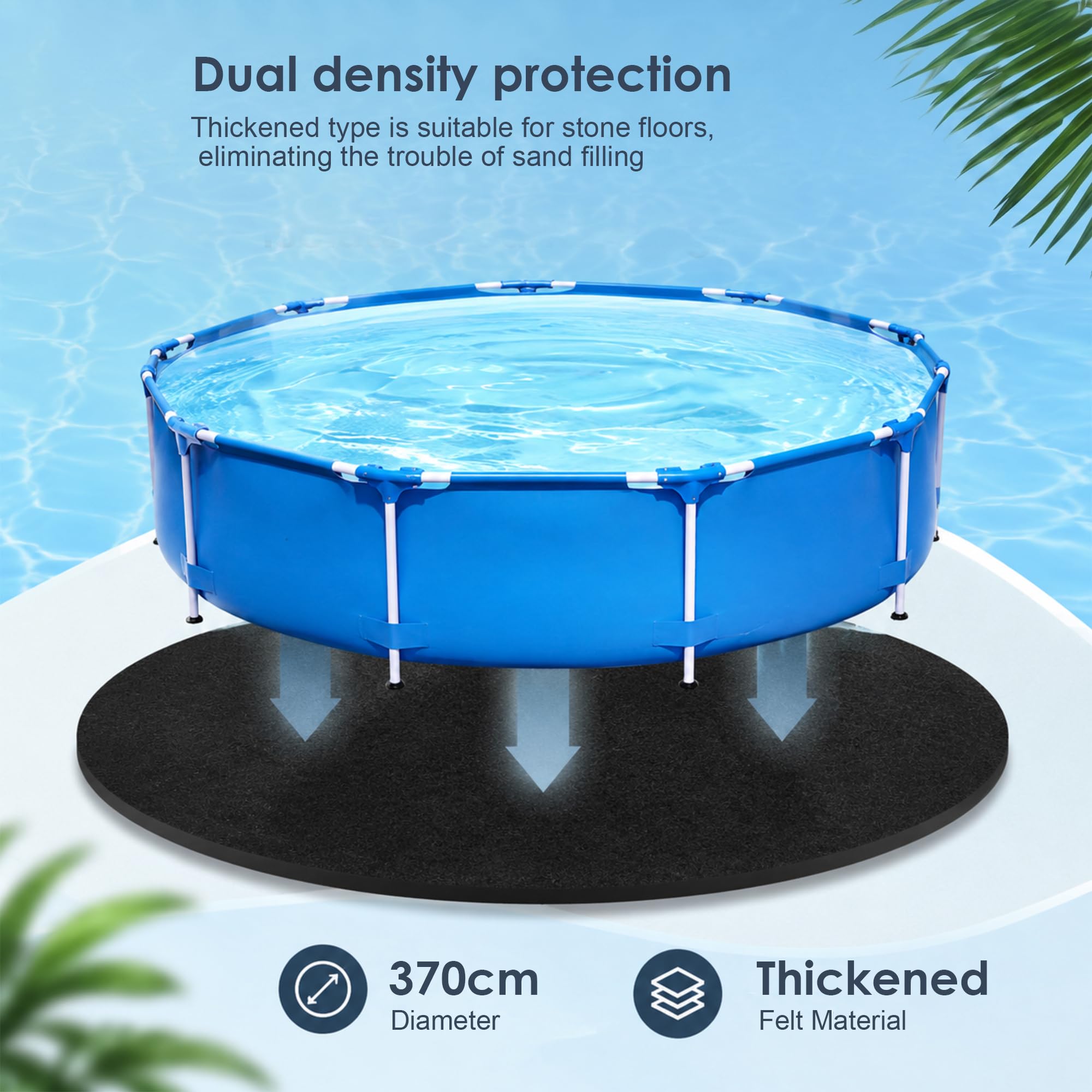 Tapis de piscine rond de 370 cm - Tapis de sol rond d'extérieur pour piscines, tapis de protection de sol indéchirable pour piscines hors-sol et jacuzzi, prolonge la durée de vie de la doublure