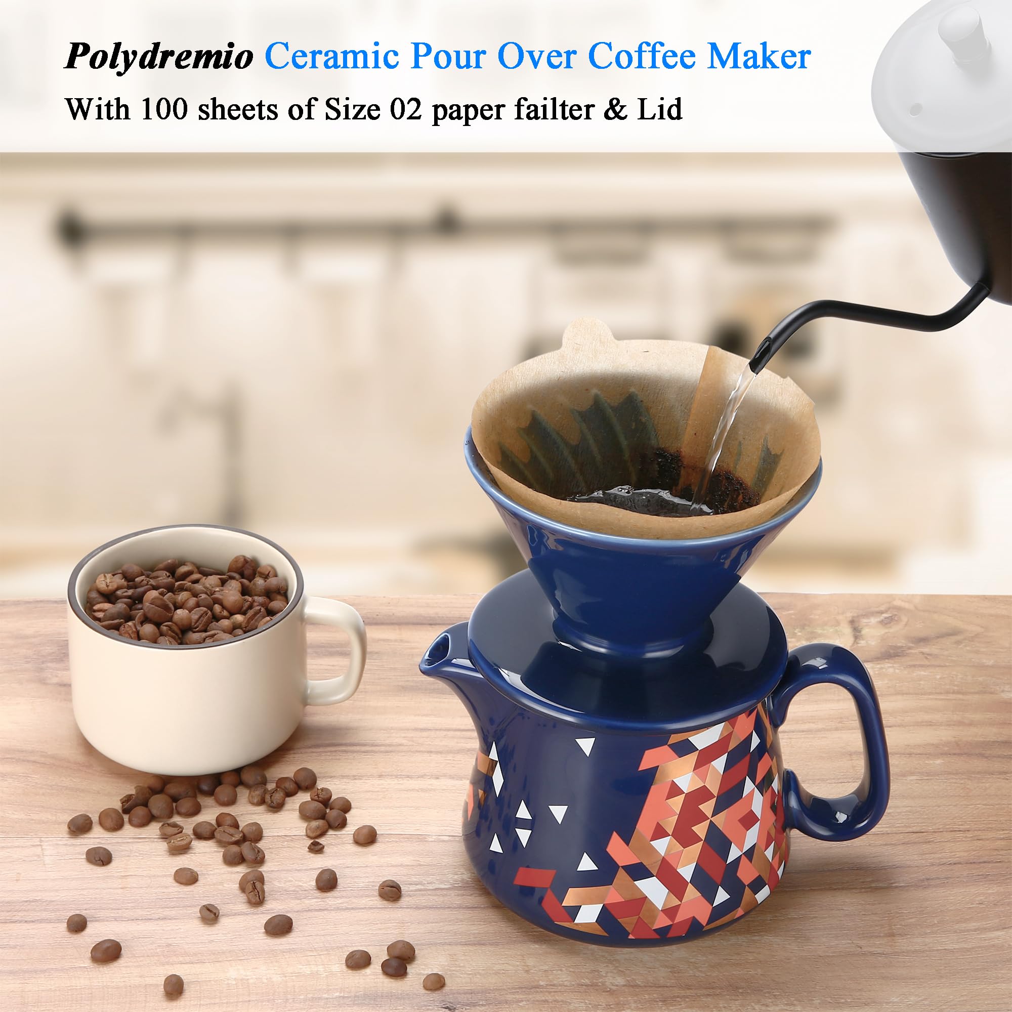 Cafetera de vertido, gotero de café de cerámica con 100 filtros de papel tamaño 02, servidor de café de cerámica con tapa, 450 ml, adecuado para 1-2 personas (azul)