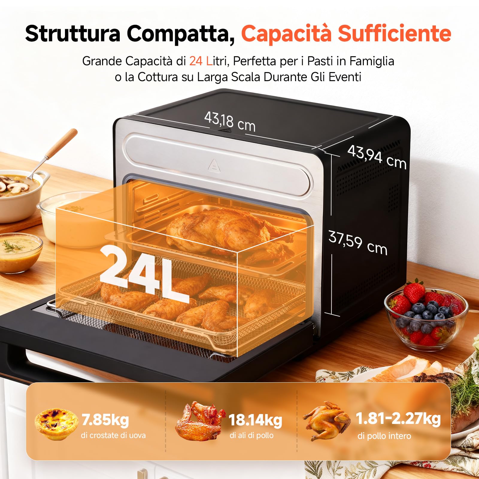 OUNIN 24L Forno Multifunzione, 11 in 1 Forno Pizza e Forno a Vapore, Cottura su Due Ripiani, Ventilazione 360°, 1600W, per Pizza, Lasagne, Arrosti, Pane, Frittura di Mare e Verdure al Vapore