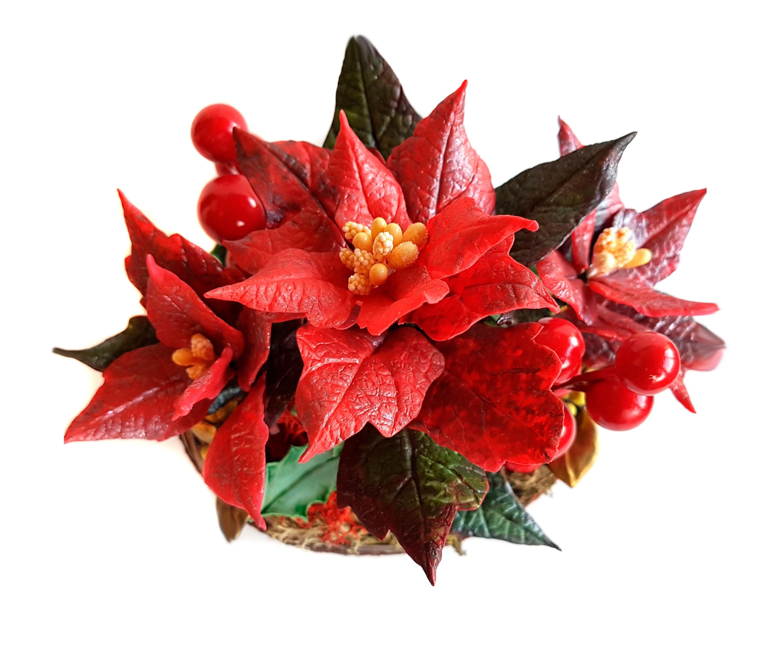 Flor de Navidad Poinsettia, Flores de Porcelana, Miniatura Decoracion del hogar, Hecho a Mano