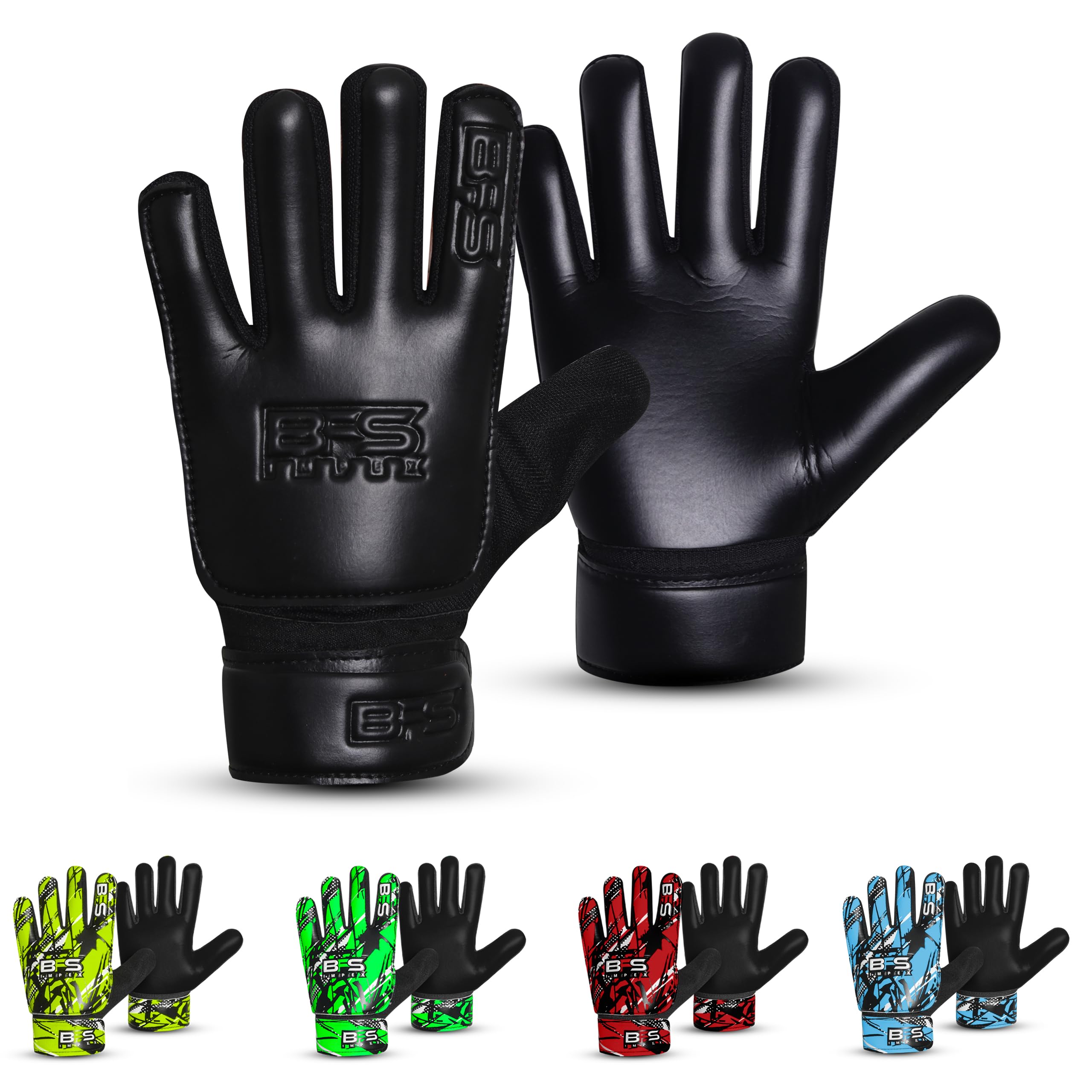 BFS IMPEX Kids Soccer Goalie Gloves – Youth Football Goalkeeper Gloves for Boys, Youth & Children with Strong Anti-Slip 4mm Latex Grip Palm, Double Wrist Support & Durable Football Gloves (Black, 2)