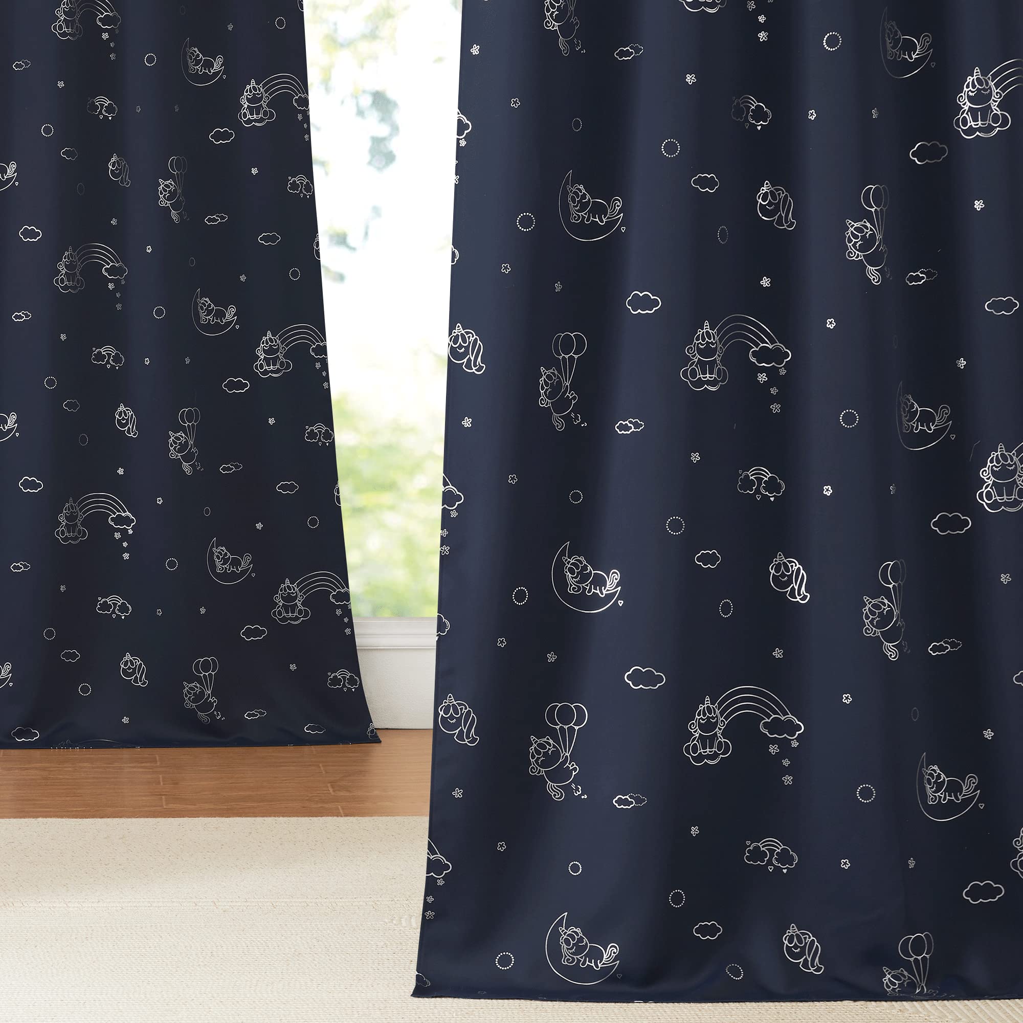 NICETOWN Navy Blackout Curtains, Unicorns Foil Printed Curtains for Boy's, Kids Bedroom, Living Room, Noise Reducing Elegant Room Divider Drapes for Doorway, Hall Decoration, 52" by 84", 2 Panels