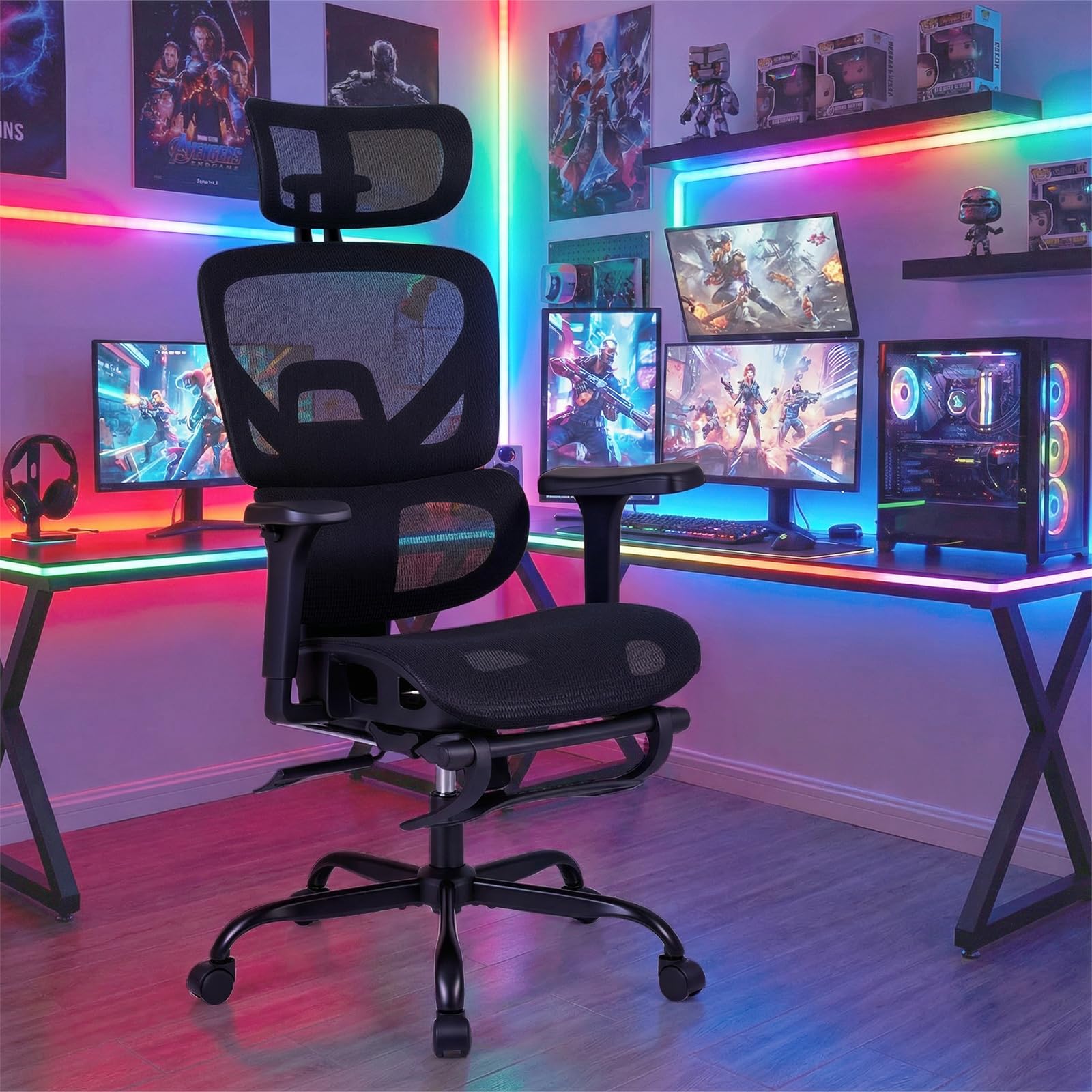 COSTWAY Silla Ergonomica Escritorio con Reposapiés, Silla de Oficina, Reposabrazos 3D, Soporte Lumbar Dinámico, Reposacabezas Ajustable, Cadeira Escritorio de Malla, Altura Ajustable