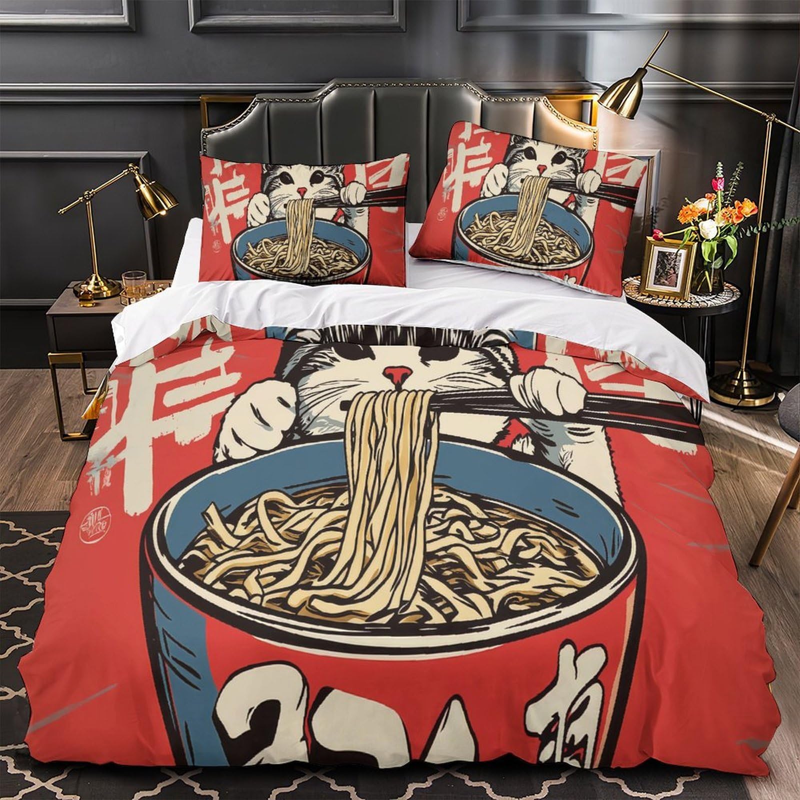 Katze Fressend Nudeln Bettbezug 3 Teile 3D-Druck Cartoon-Stil Illustration Mikrofaser Quiltbezug mit 2 Kissenbezügen Reißverschluss für Kinder und Erwachsene Schlafzimmerdekoration King（220x240cm）