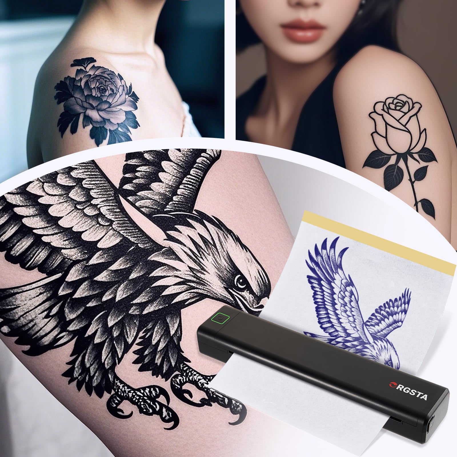 ORGSTA S008 Tätowier Schablonendrucker Bluetooth Thermodrucker Tattoo mit 10 Stück Papier, Tattoo Vorlage Ducker Kabelloser Thermodrucker für Künstler und Anfänger