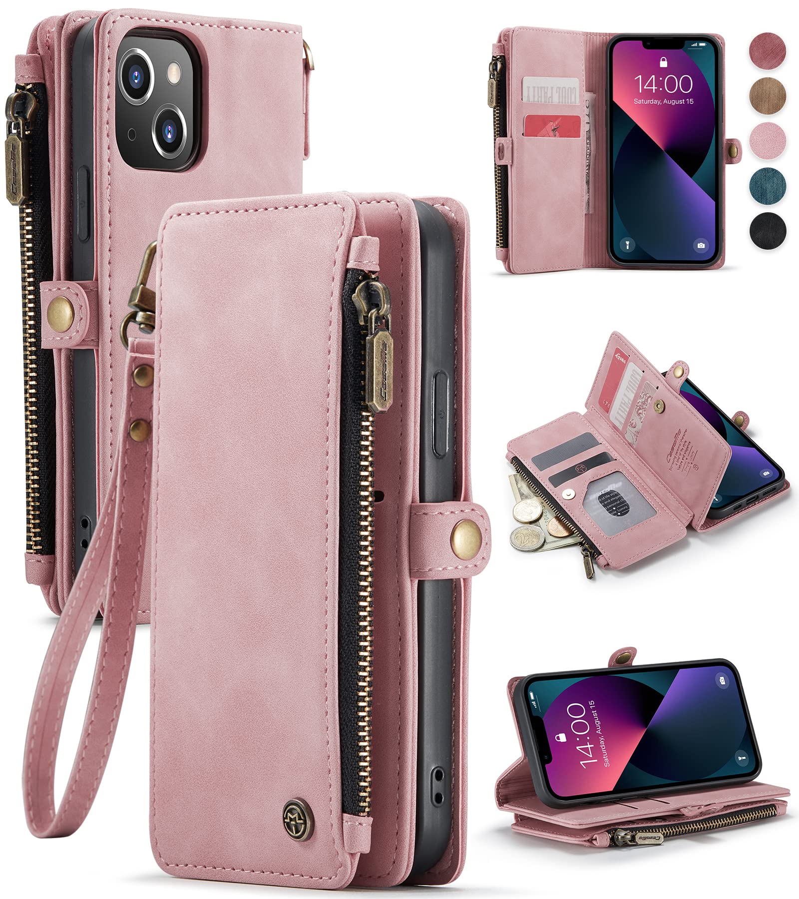 Defencase for iPhone 13 Mini Case, iPhone 13 Mini Case Wallet for Women Men, Durable PU Leather Magnetic Flip Lanyard Strap Wristlet Zipper Card Holder Phone Case for iPhone 13 Mini [5.4"], Rose Pink
