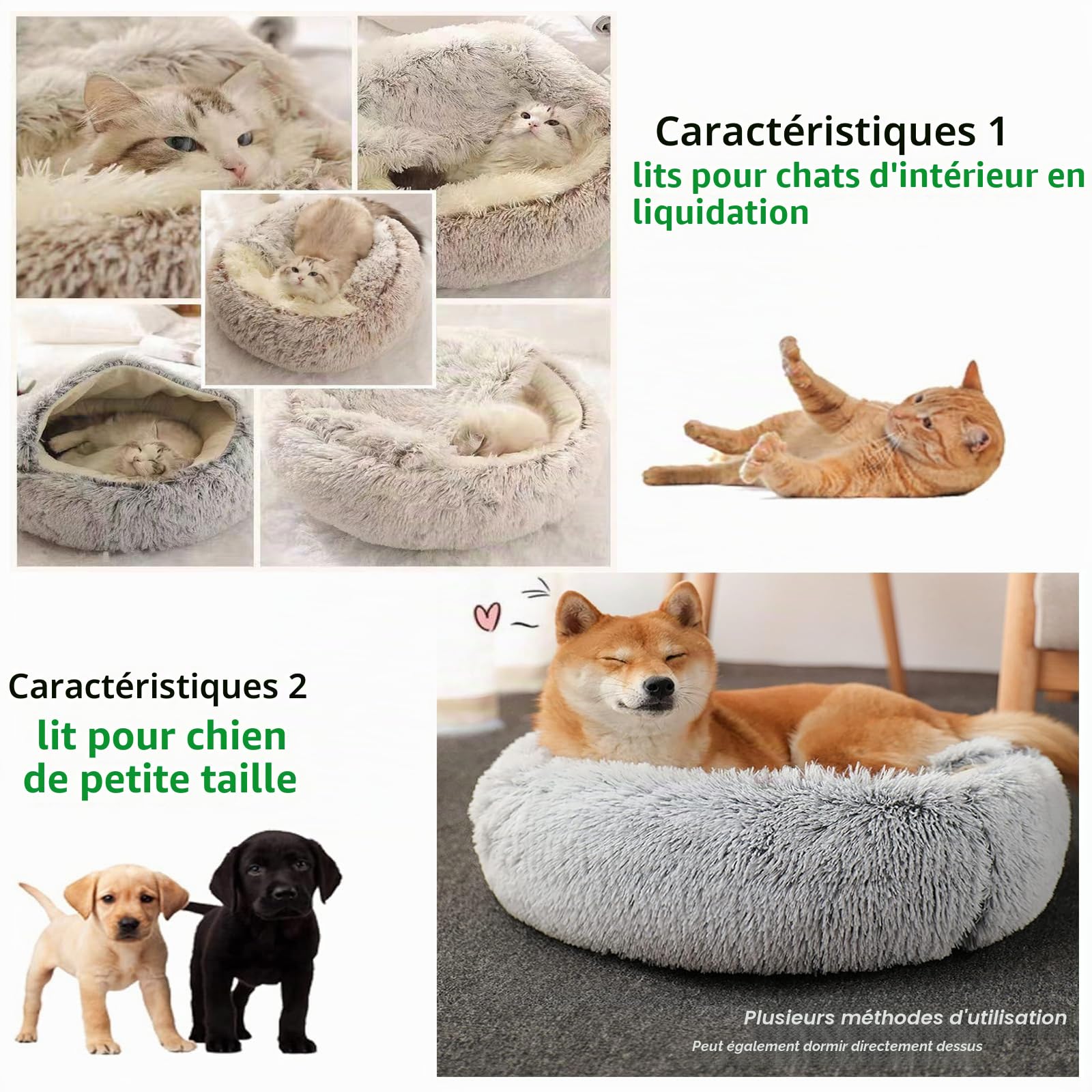 Lit apaisant pour chien et chat - Coussin en peluche moelleuse pour chiot, chaton - Grotte en forme de beignet pour petit chien - Sac de couchage d'intérieur pour chat - Doux et chaud - Gris