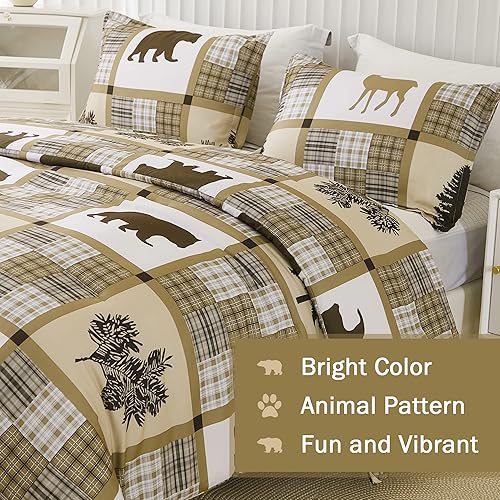 Miniatura 2 de Andency Juego de edredón de oso de retazos a cuadros, tamaño individual (66 x 90 pulgadas), 3 piezas (1 edredón caqui y 2 fundas de almohada),