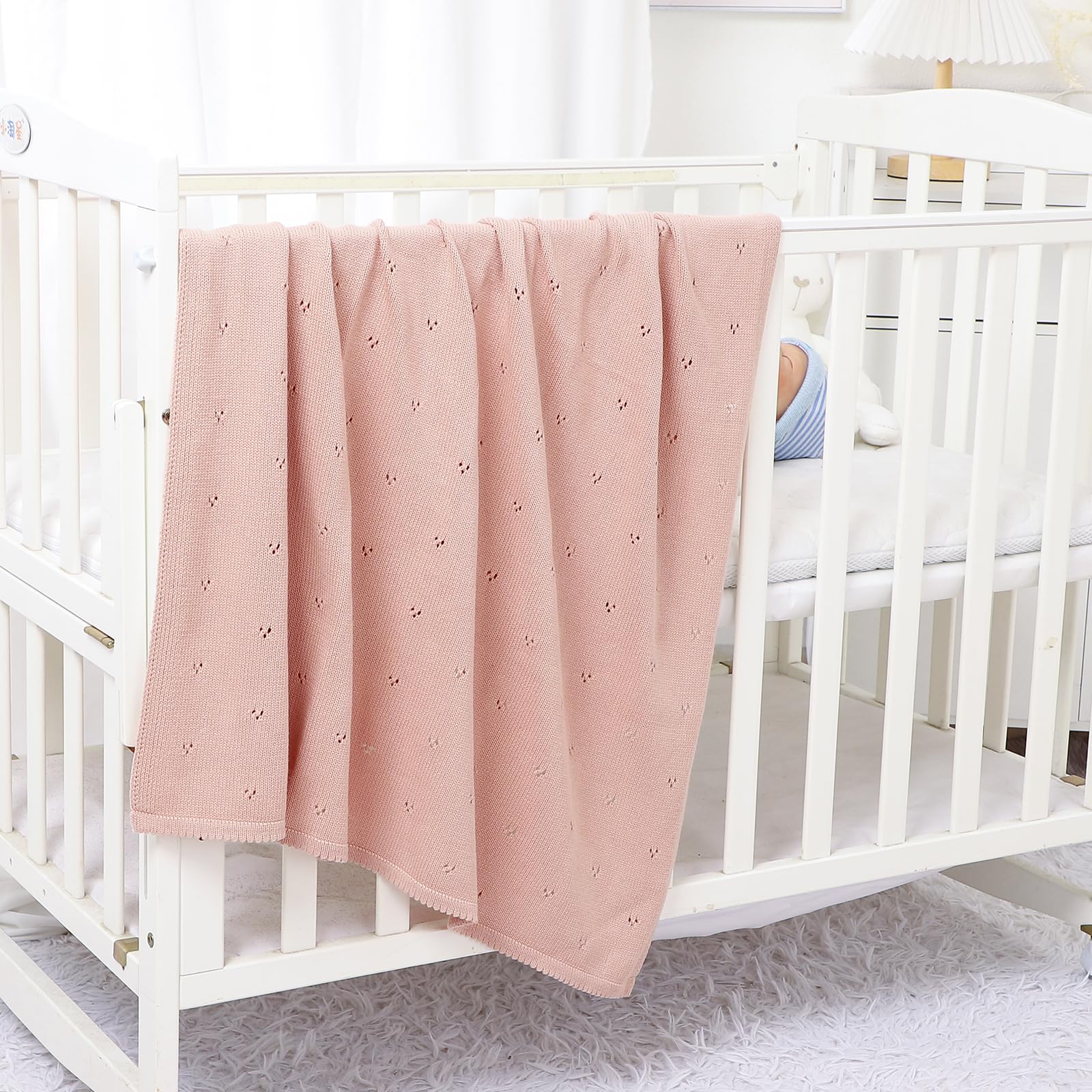 Hadetoto Coperta per Neonati 100% Cotone Traforato Morbida Coperta per Bambini in Maglia Rosa 100x80cm